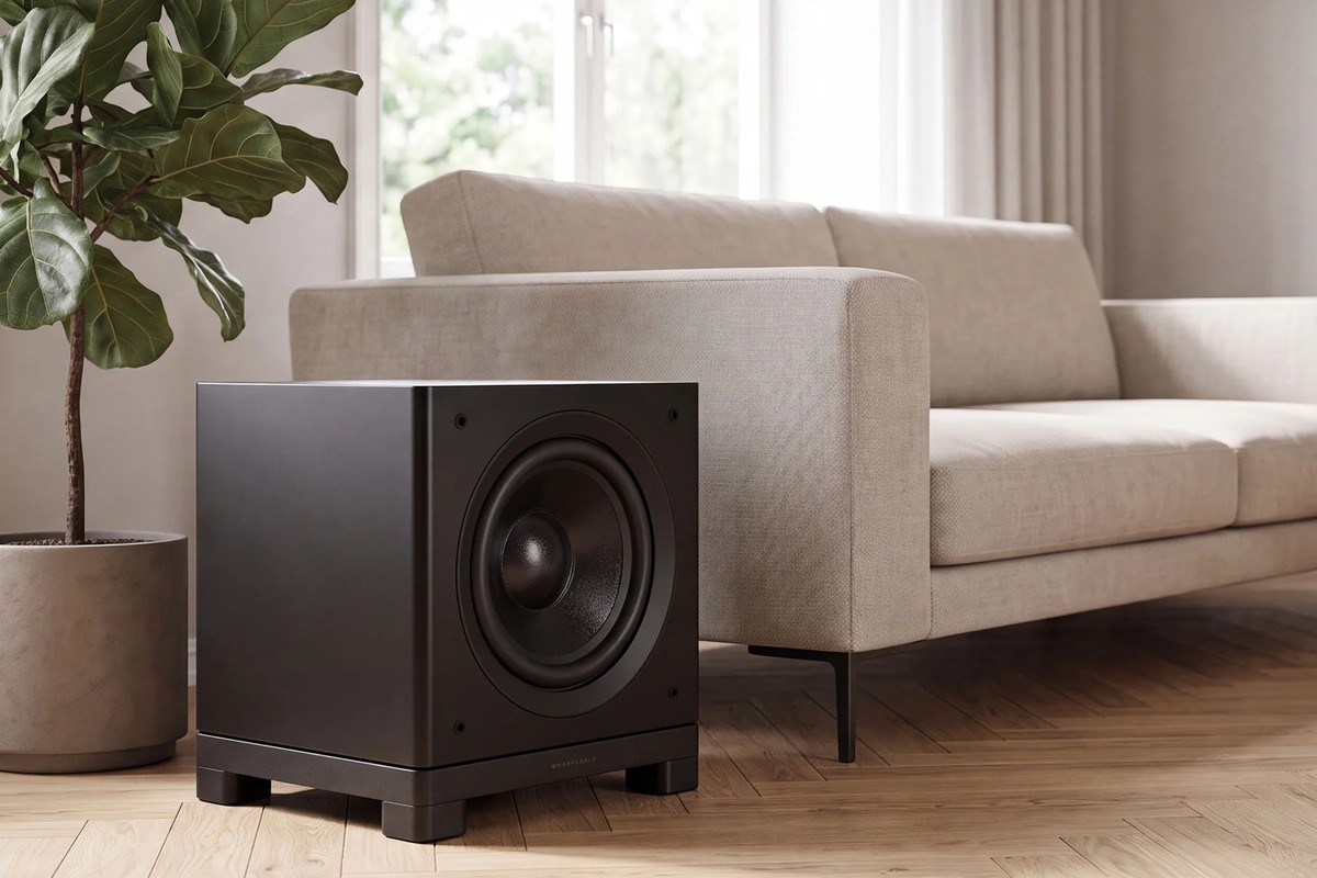 Black subwoofer on a wooden floor in front of a light sofa and a green plant