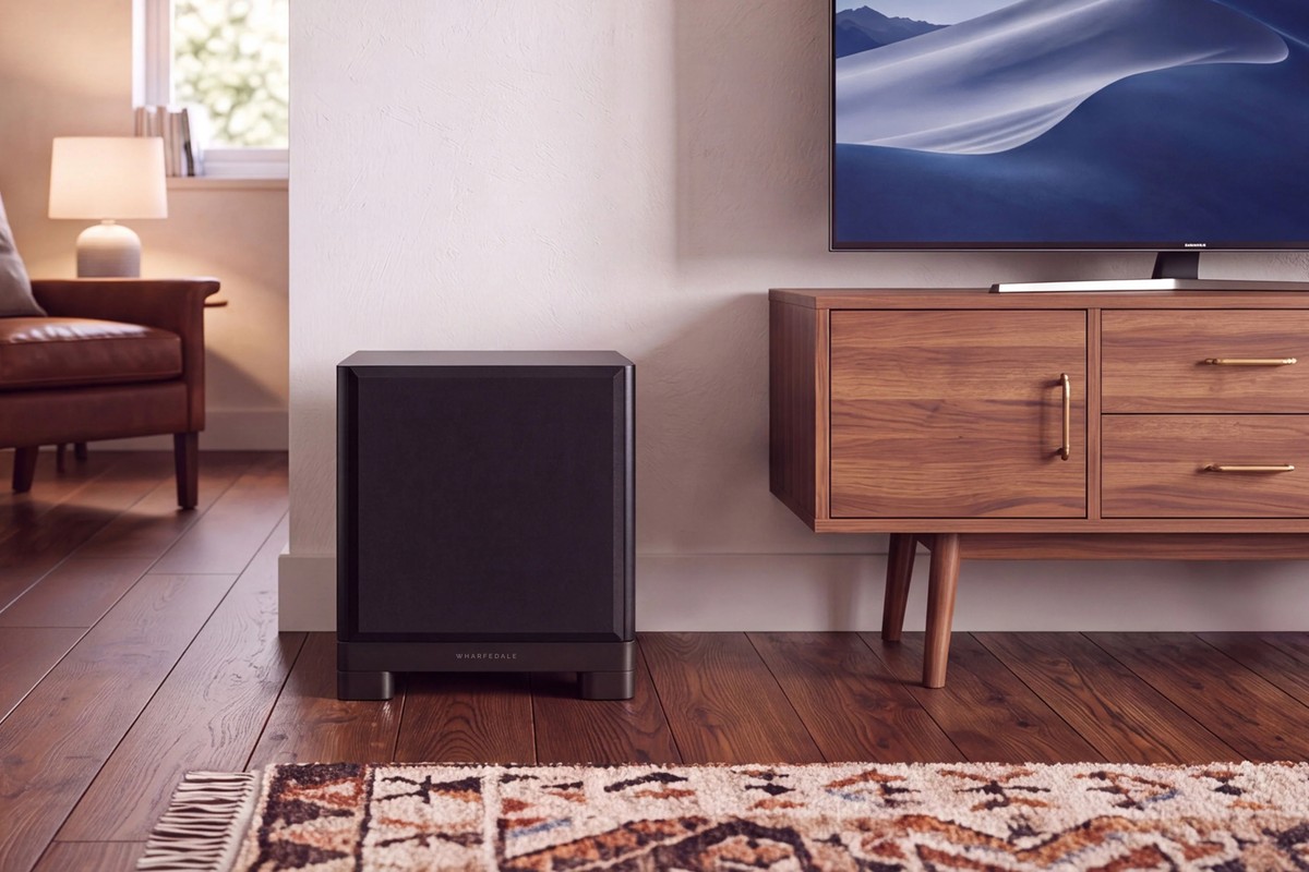 Black subwoofer on the floor next to a low walnut cabinet, below a TV