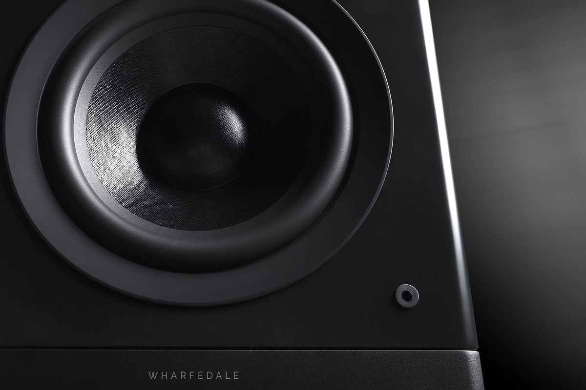 Close-up of the black cone of the bass driver and the brand name on the base