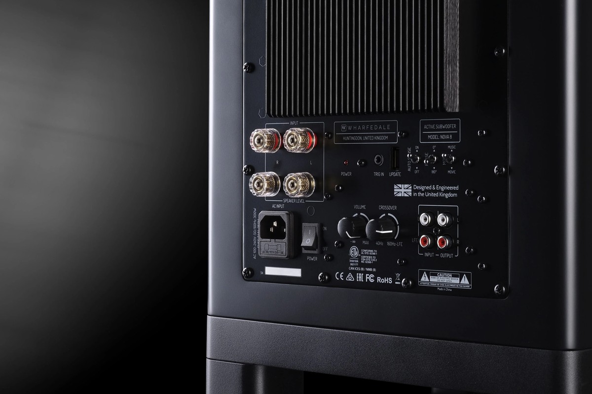 Back of the subwoofer with its heat sink, high-level terminals and volume and crossover controls
