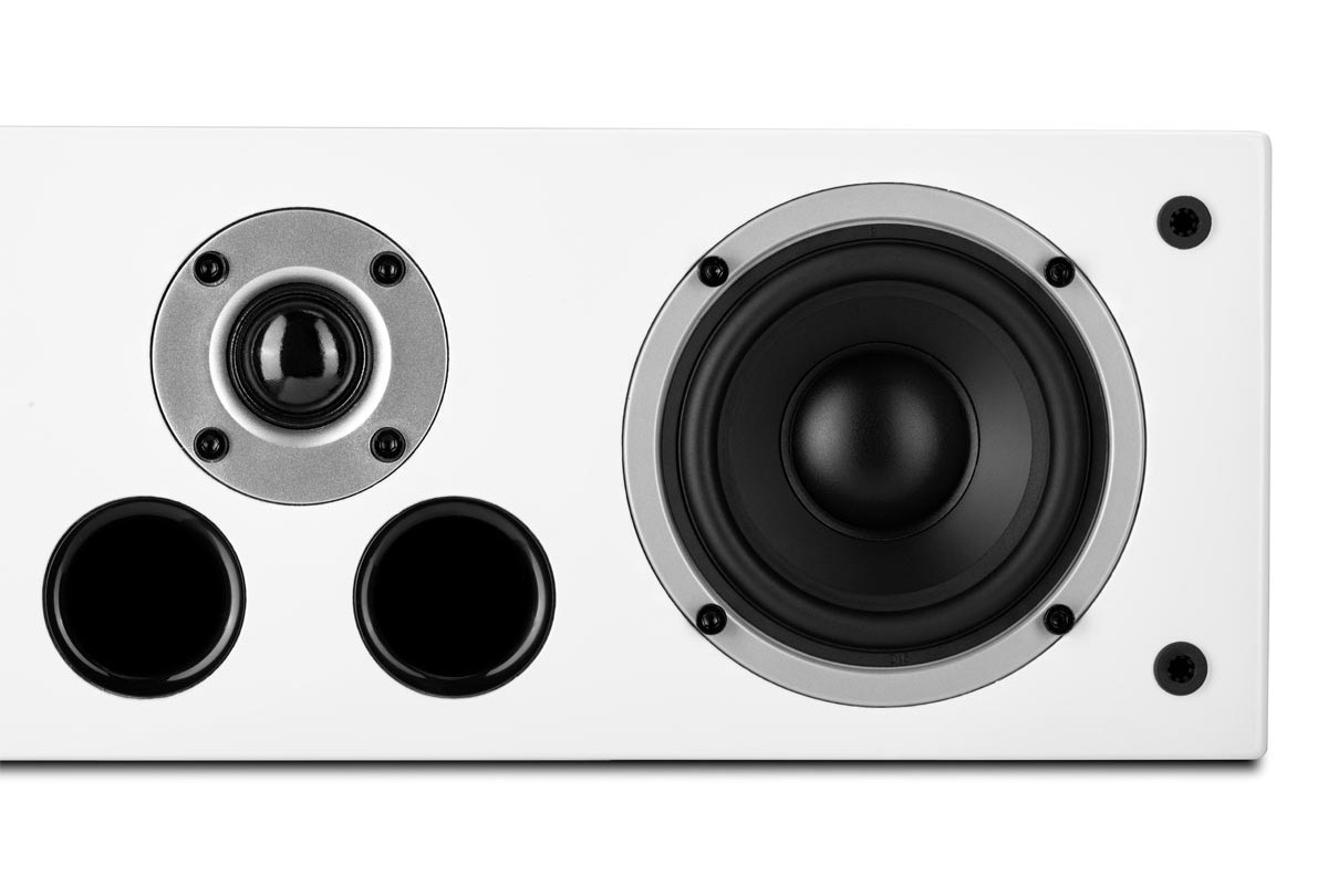 White front with tweeter, two round ports and a 4-inch driver