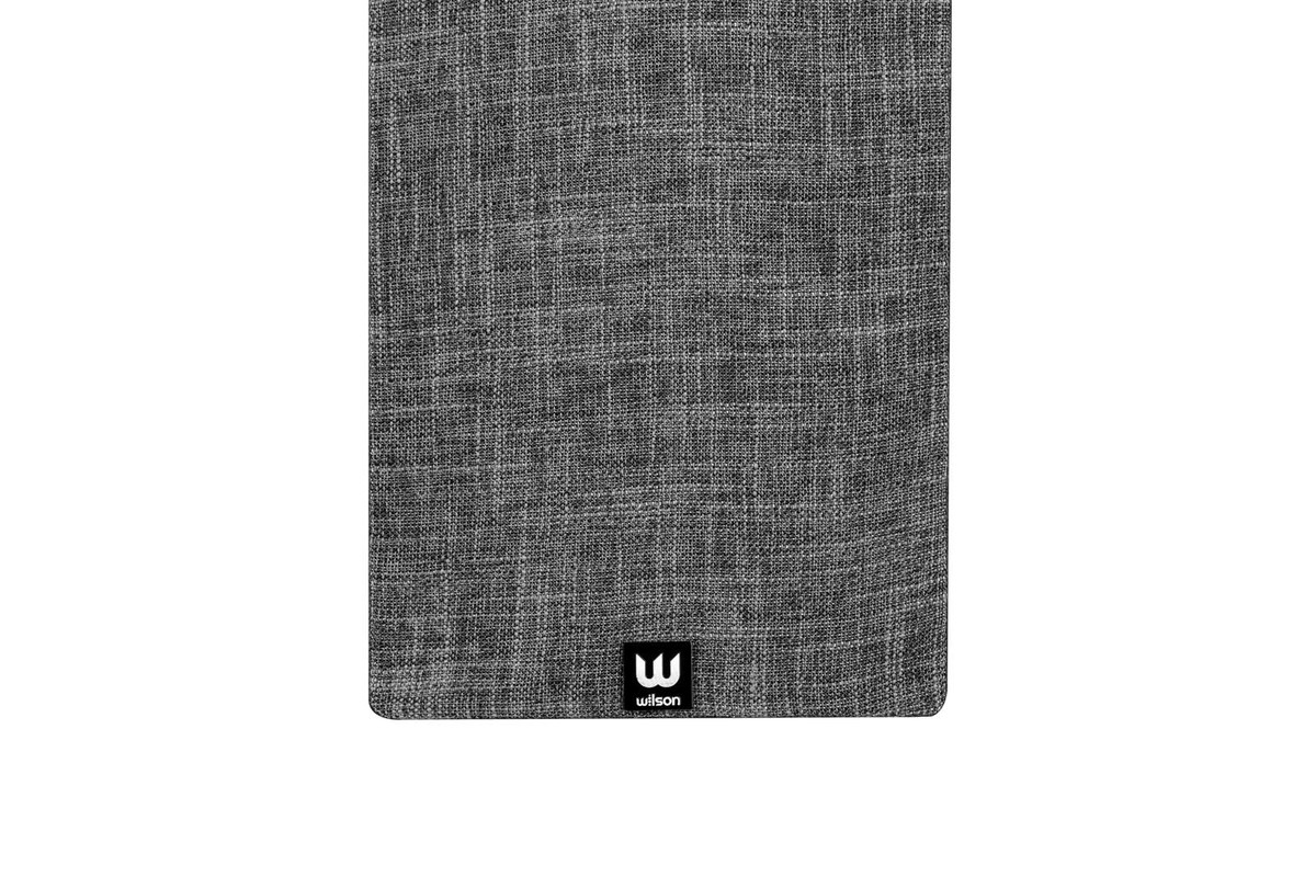 Single grey grille with black badge on a white background