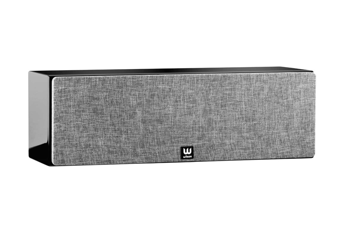 Black lacquered centre speaker fitted with a grey heathered-fabric grille