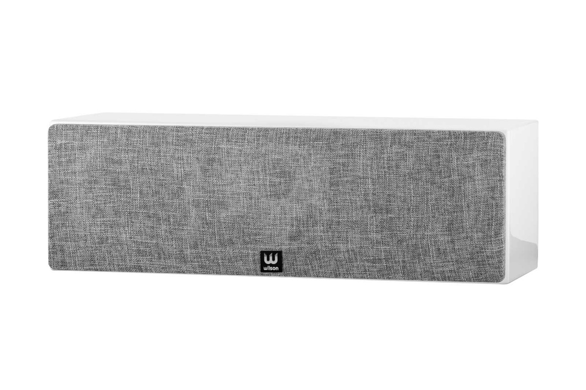 White lacquered centre speaker fitted with a grey heathered-fabric grille