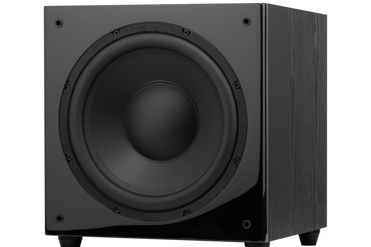 Black subwoofer seen from three quarters, 12-inch driver visible