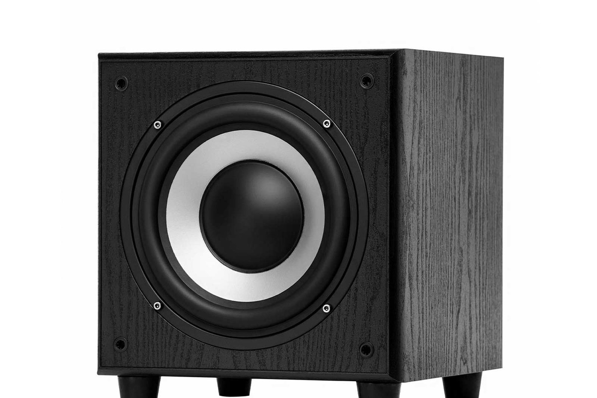 Black subwoofer seen from three quarters, 8-inch driver with a light cone