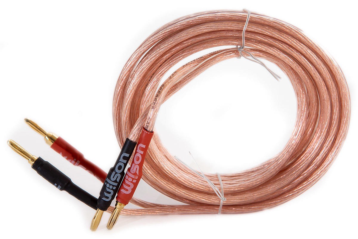 Coiled speaker cable, red and black banana plugs at the ends