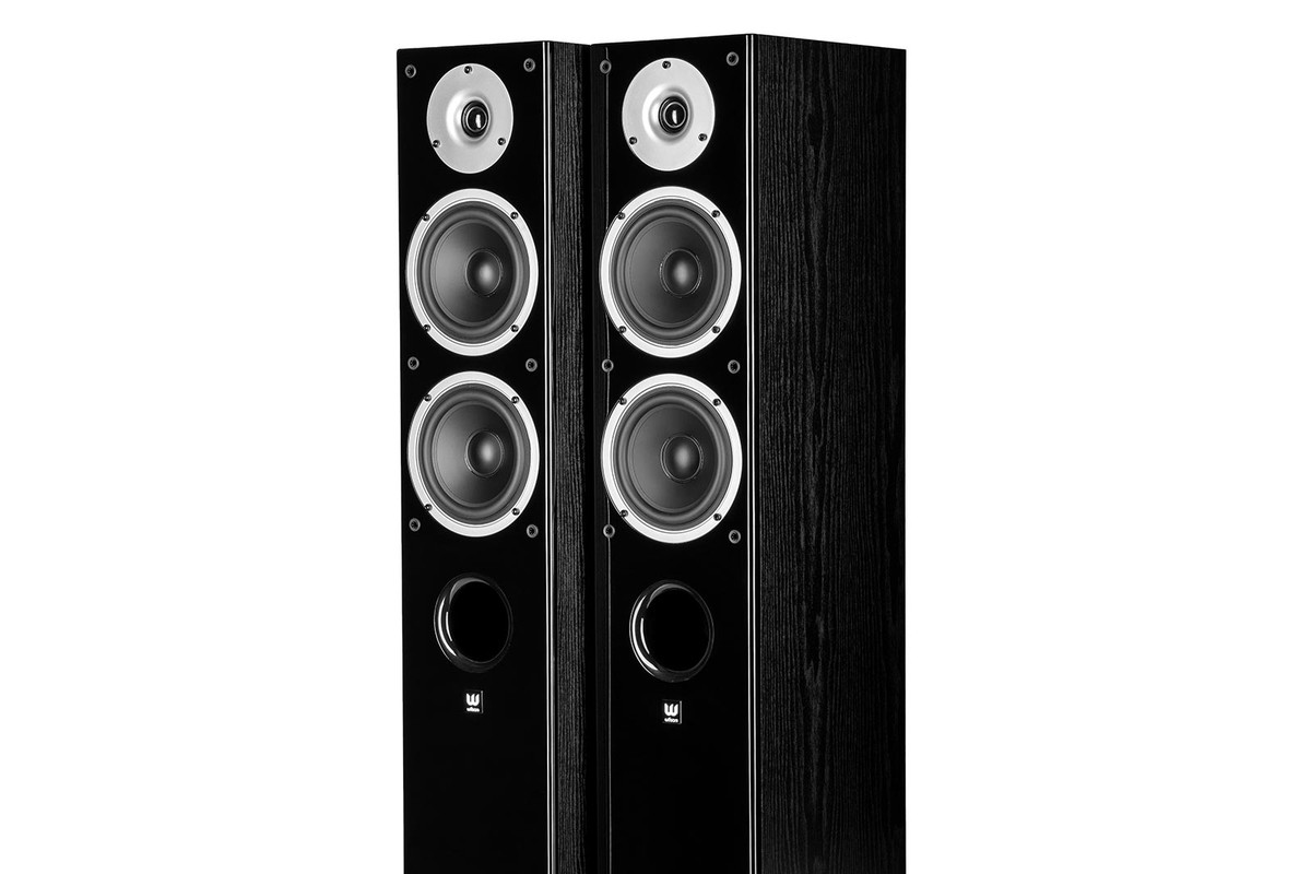 Pair of black tower speakers seen from three quarters, with tweeter, two 5-inch drivers and front port