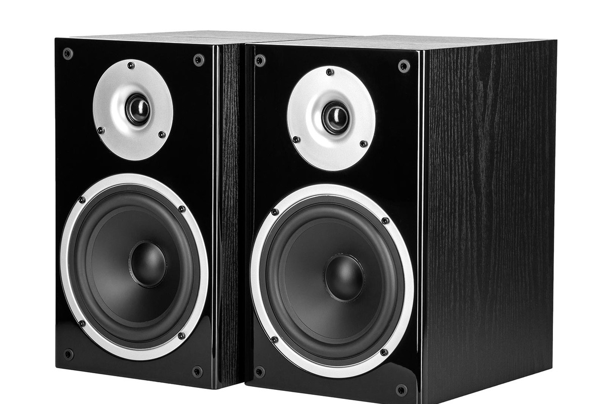 Pair of black bookshelf speakers, front with dome tweeter and mid-woofer