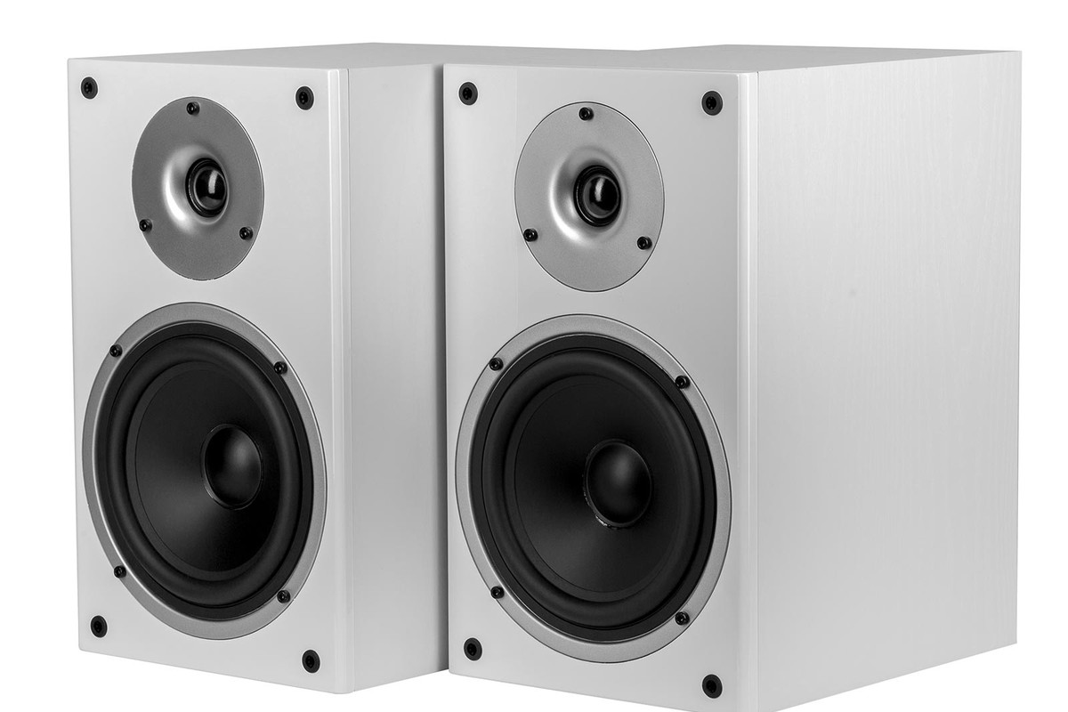 Pair of white wood-grain bookshelf speakers, front with tweeter and mid-woofer