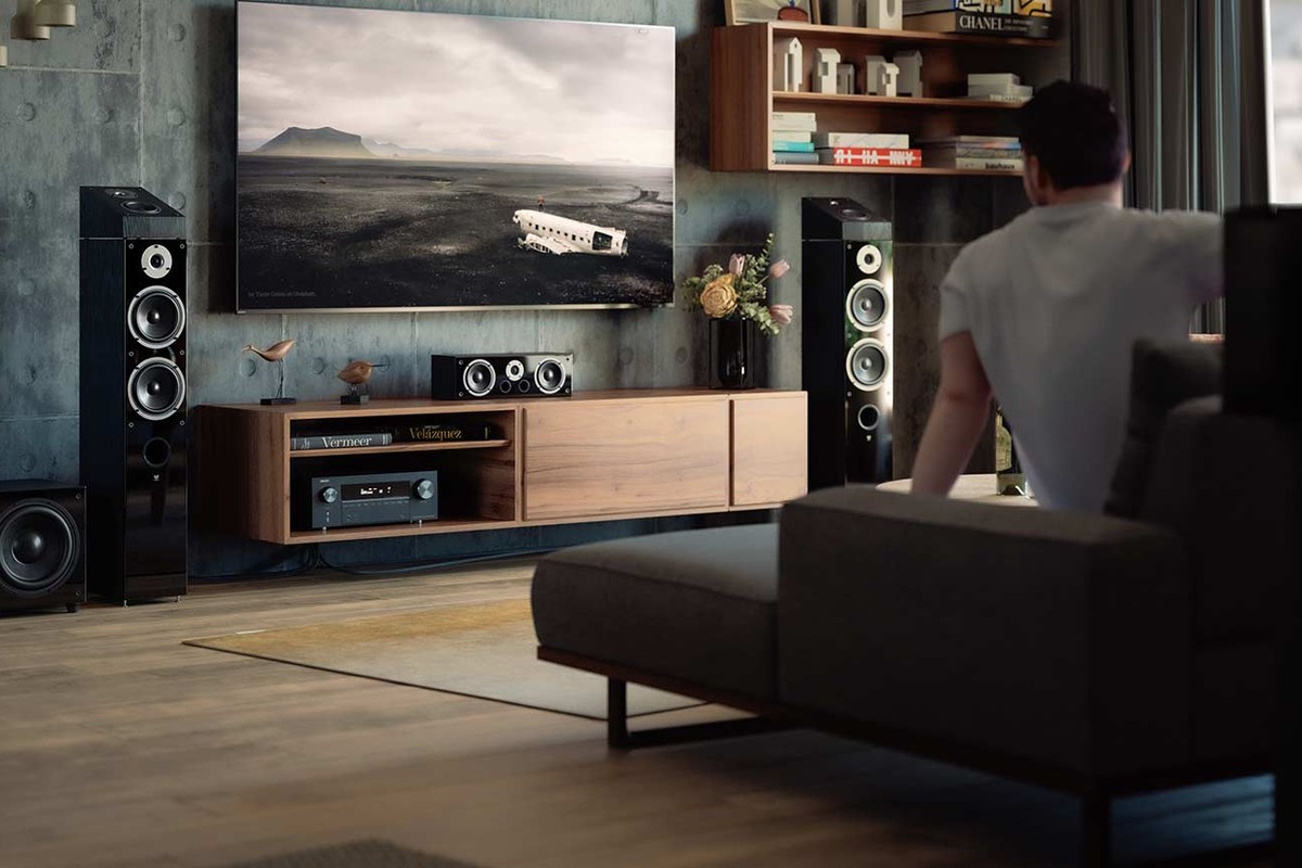 Home cinema living room with towers, subwoofer and a Raptor centre speaker under the television