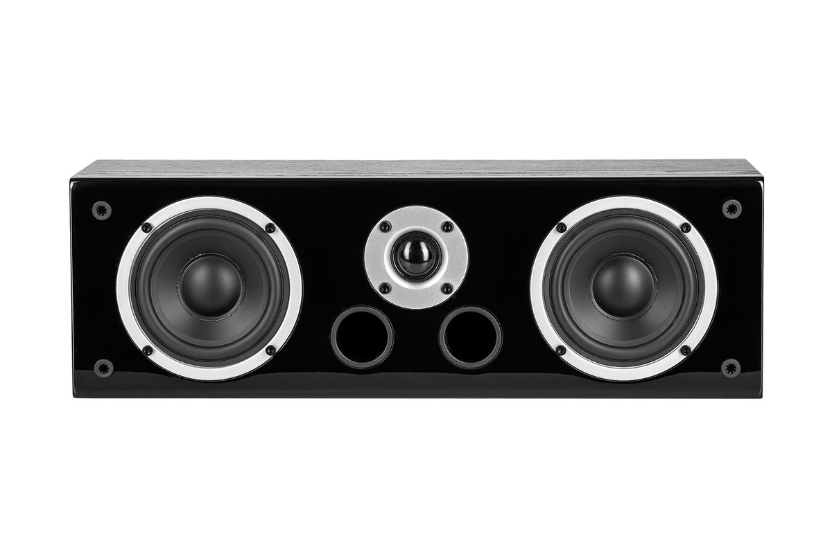 Glossy black front with a tweeter dome, two 4-inch drivers and two ports