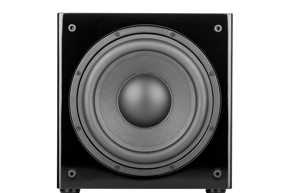 Glossy black front and 10-inch bass driver uncovered
