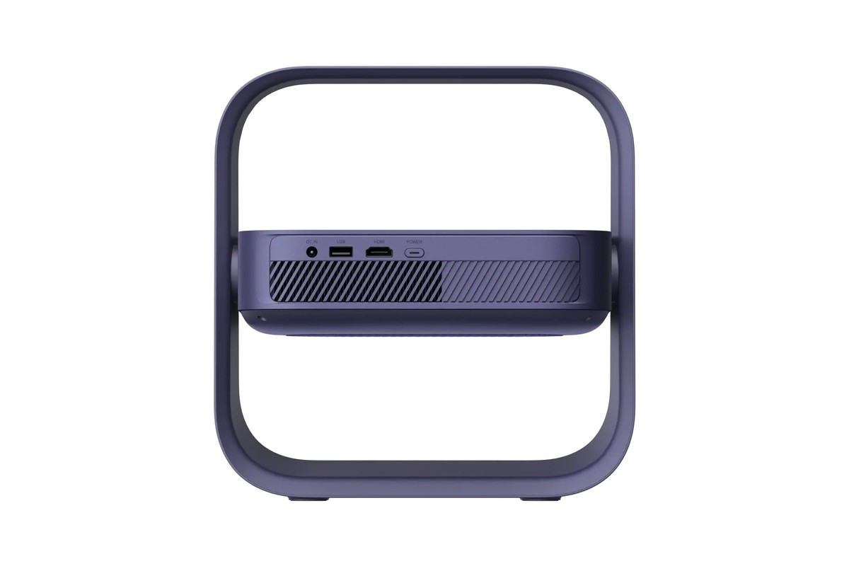 Face arrière d'un projecteur compact violet, prises USB et HDMI