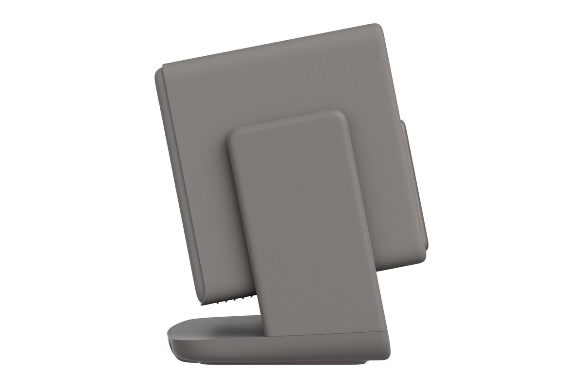Profil du boîtier gris texturé incliné sur son pied pivotant