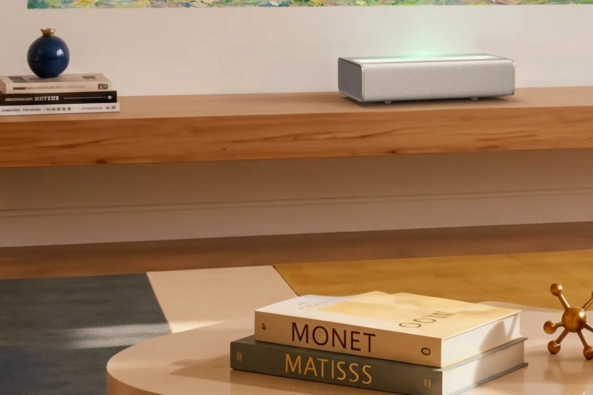 Projecteur couleur sable sur une étagère en bois, livres d'art et objets déco au premier plan