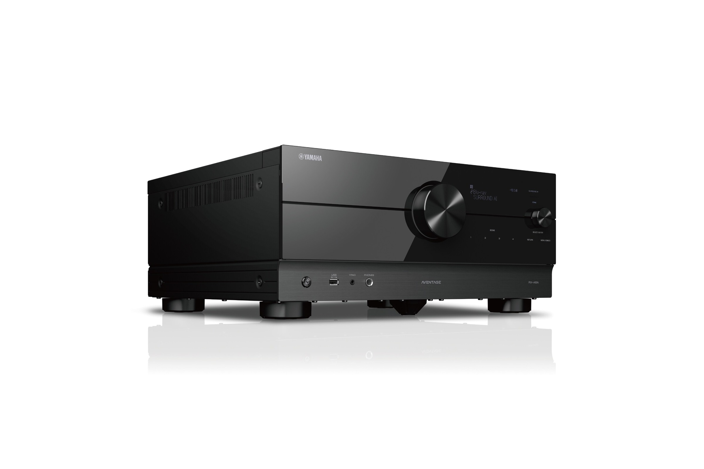 Black AV receiver seen at three quarters on a white background