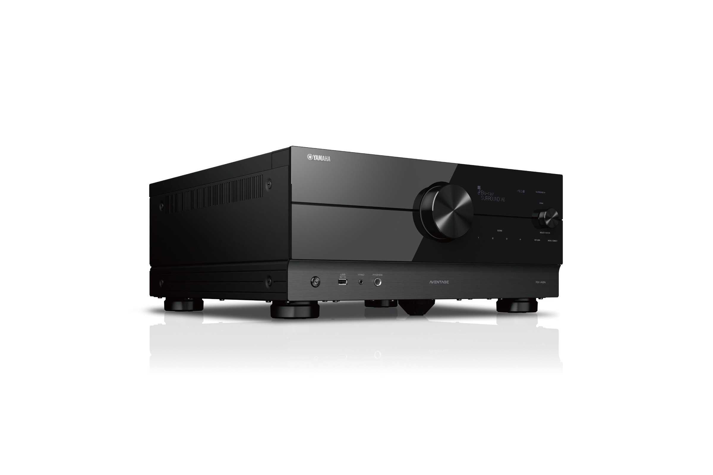 Black AV receiver seen at three quarters on a white background