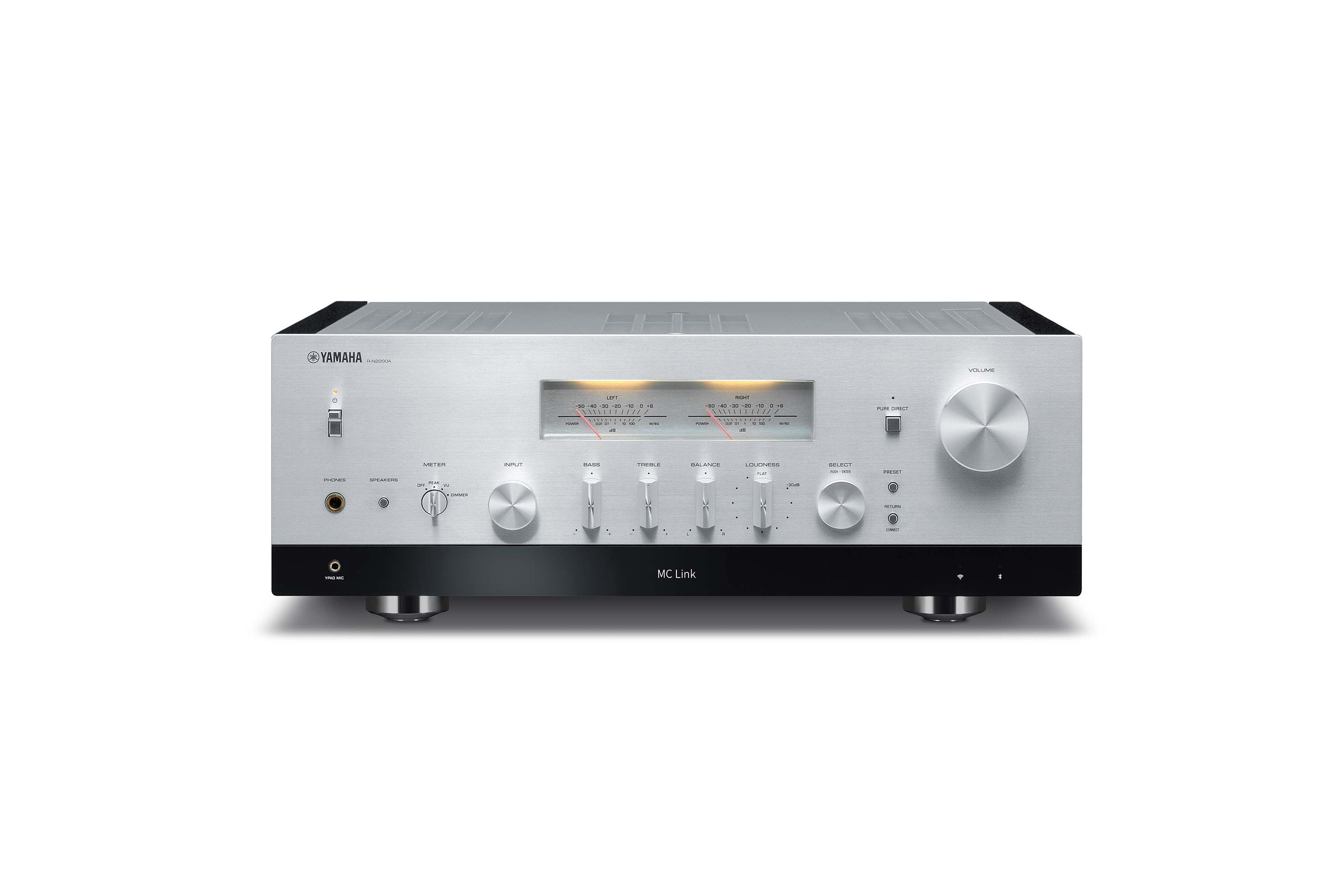 Silver network receiver seen head on, amber display and large volume control