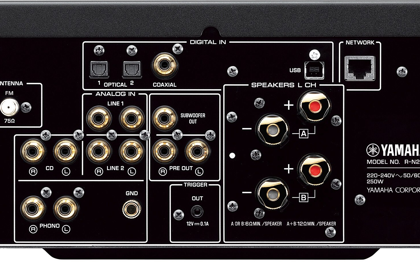 Rear panel, gold terminals, digital inputs and HDMI socket