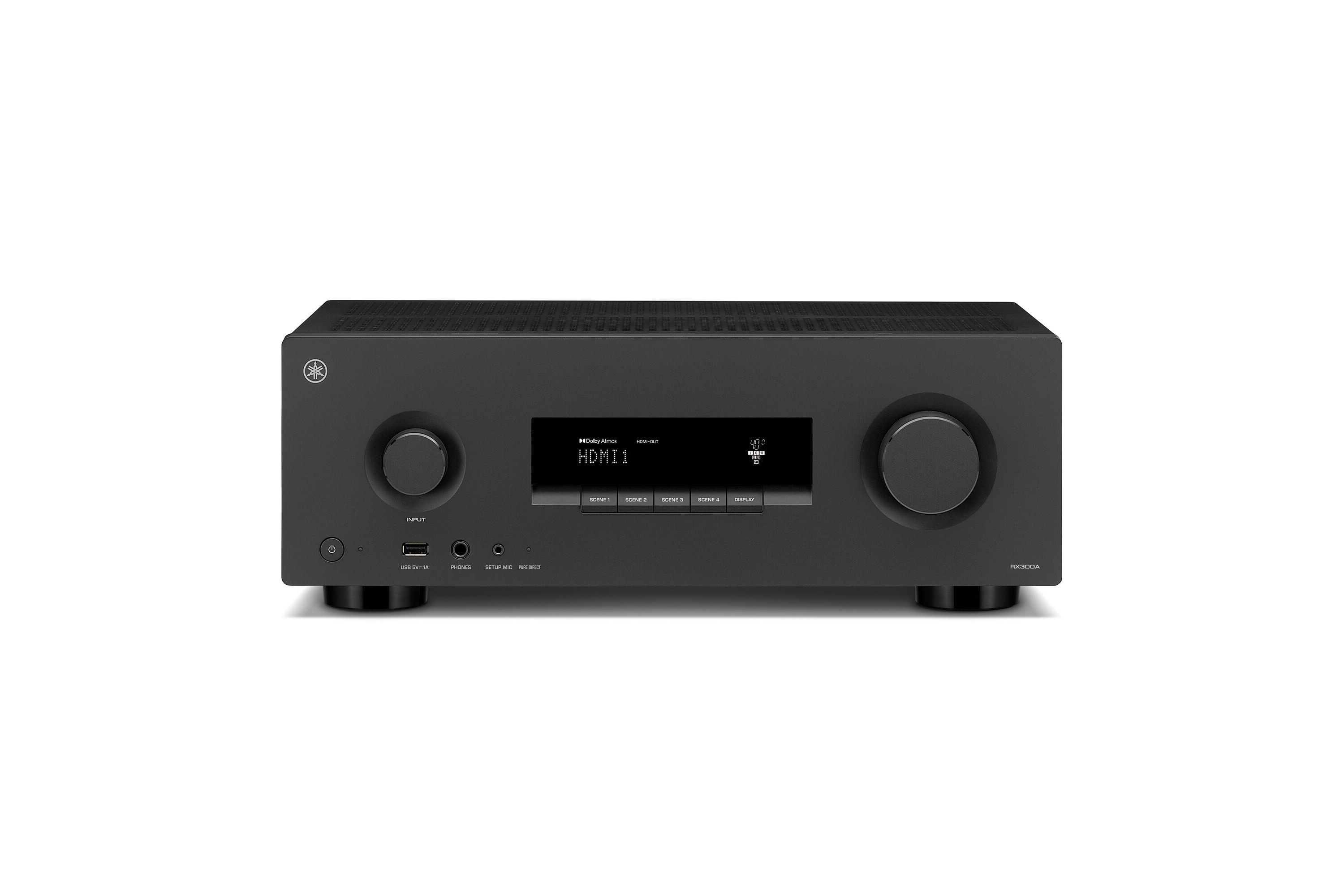 Schwarzer AV-Receiver von vorne, Display und zwei grosse Regler