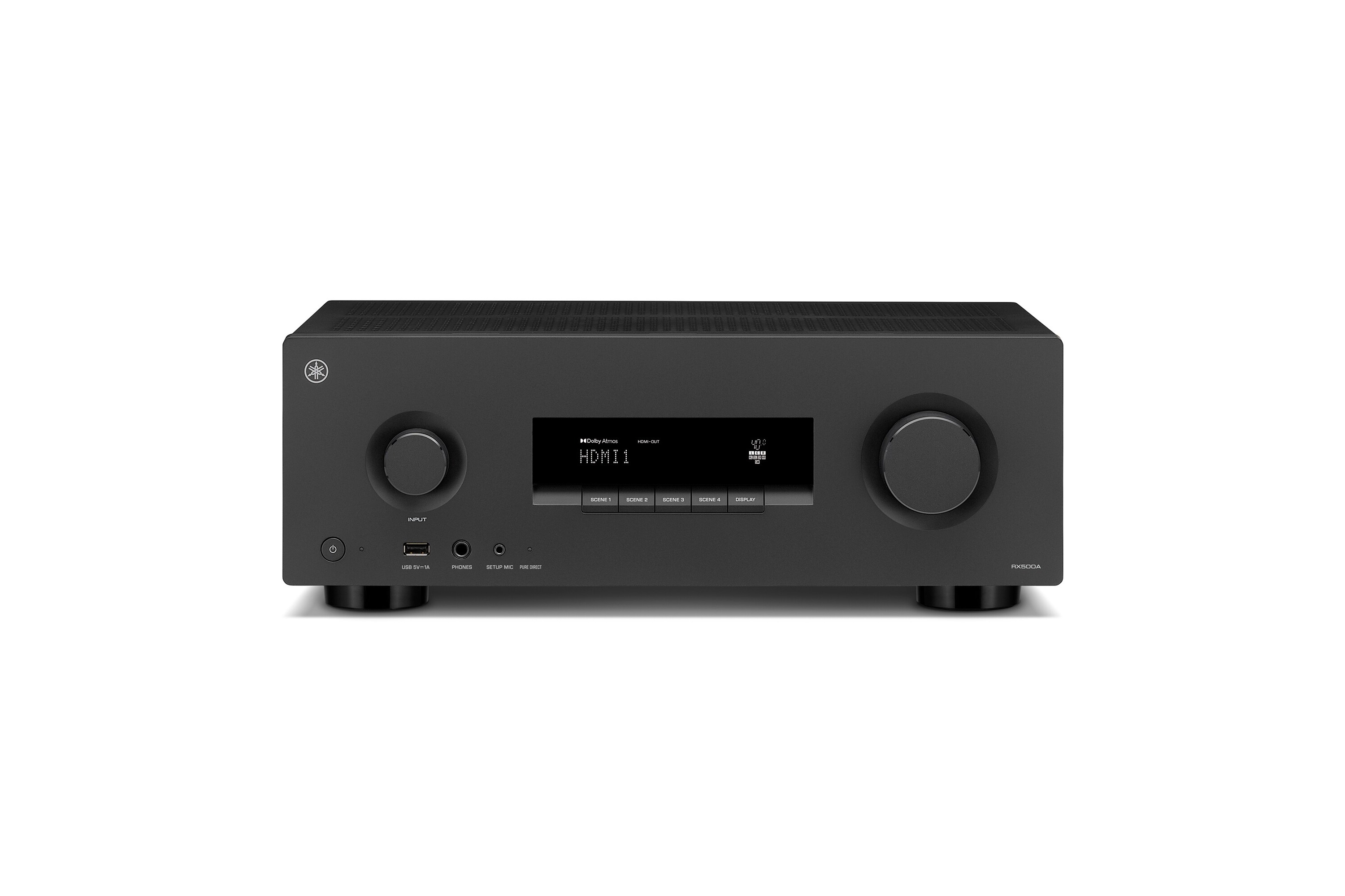 Schwarzer AV-Receiver von vorne, zentrales Display und Drehregler