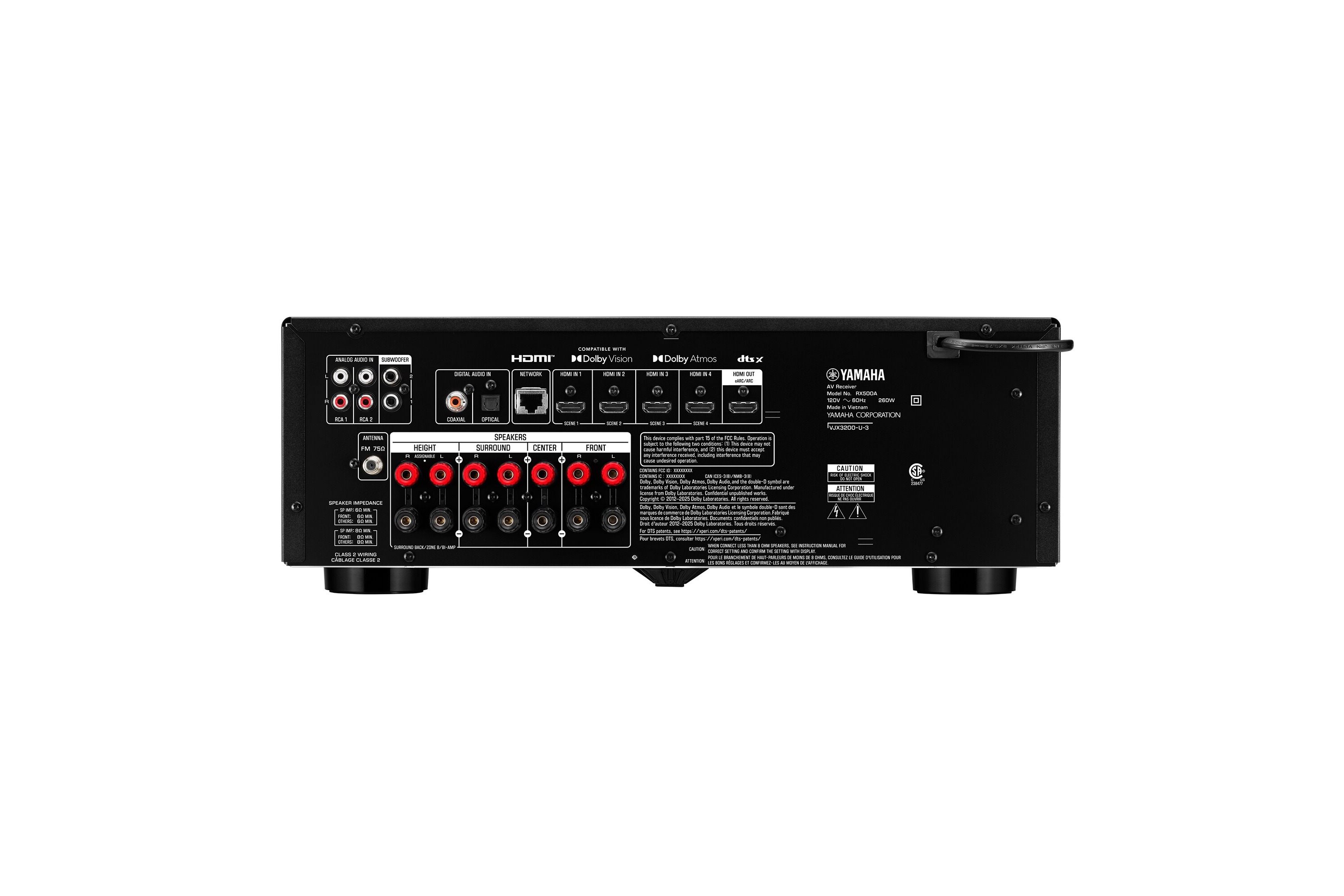 Rückseite mit sieben Lautsprecherklemmen, HDMI, Netzwerk und Antenne