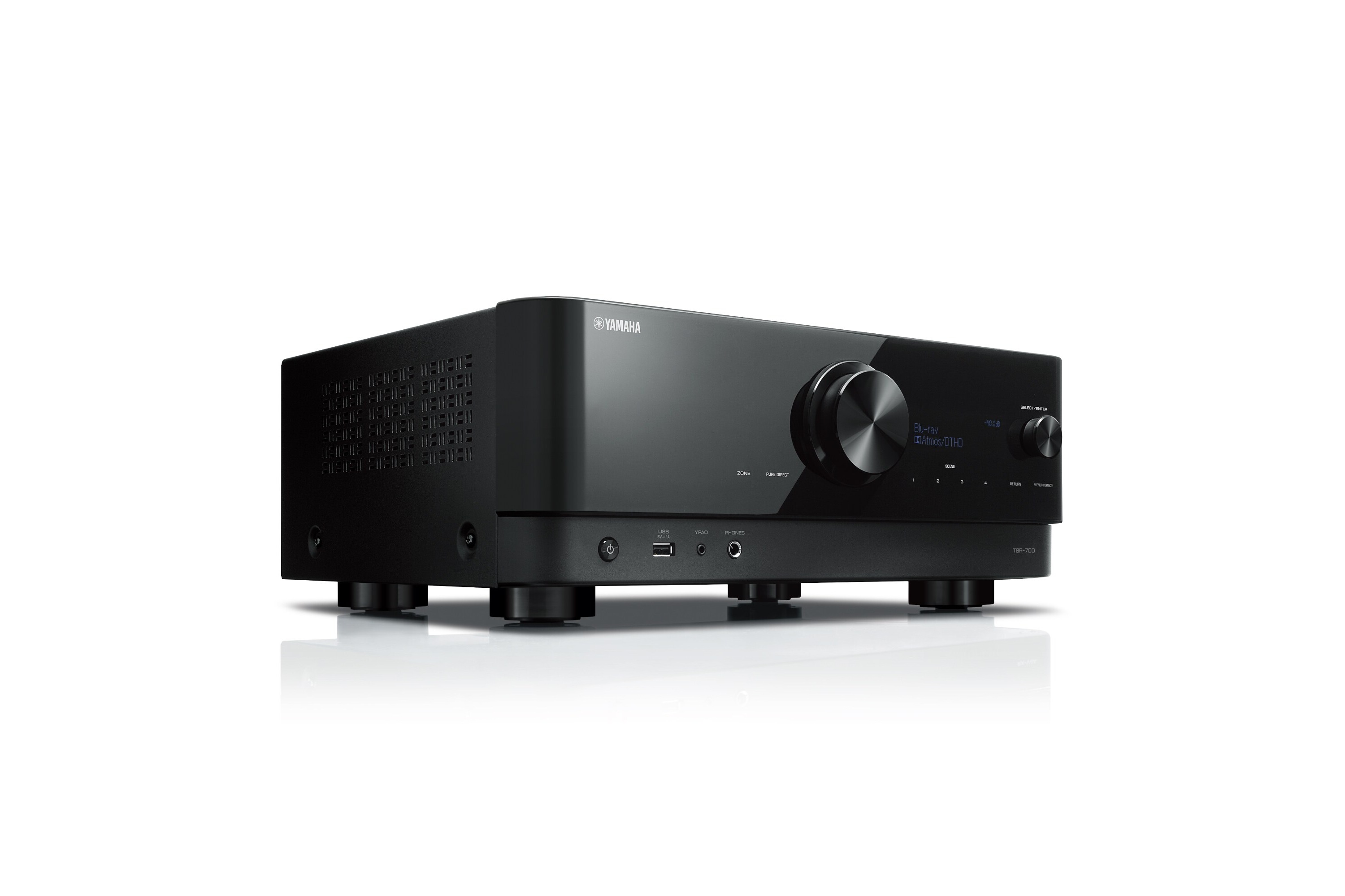 Black AV receiver seen at three quarters, front panel and controls