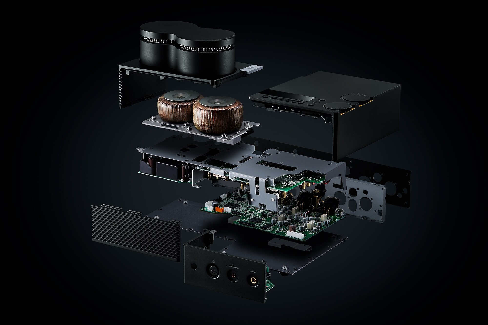 Exploded view of the chassis, transformer, boards and cover set apart