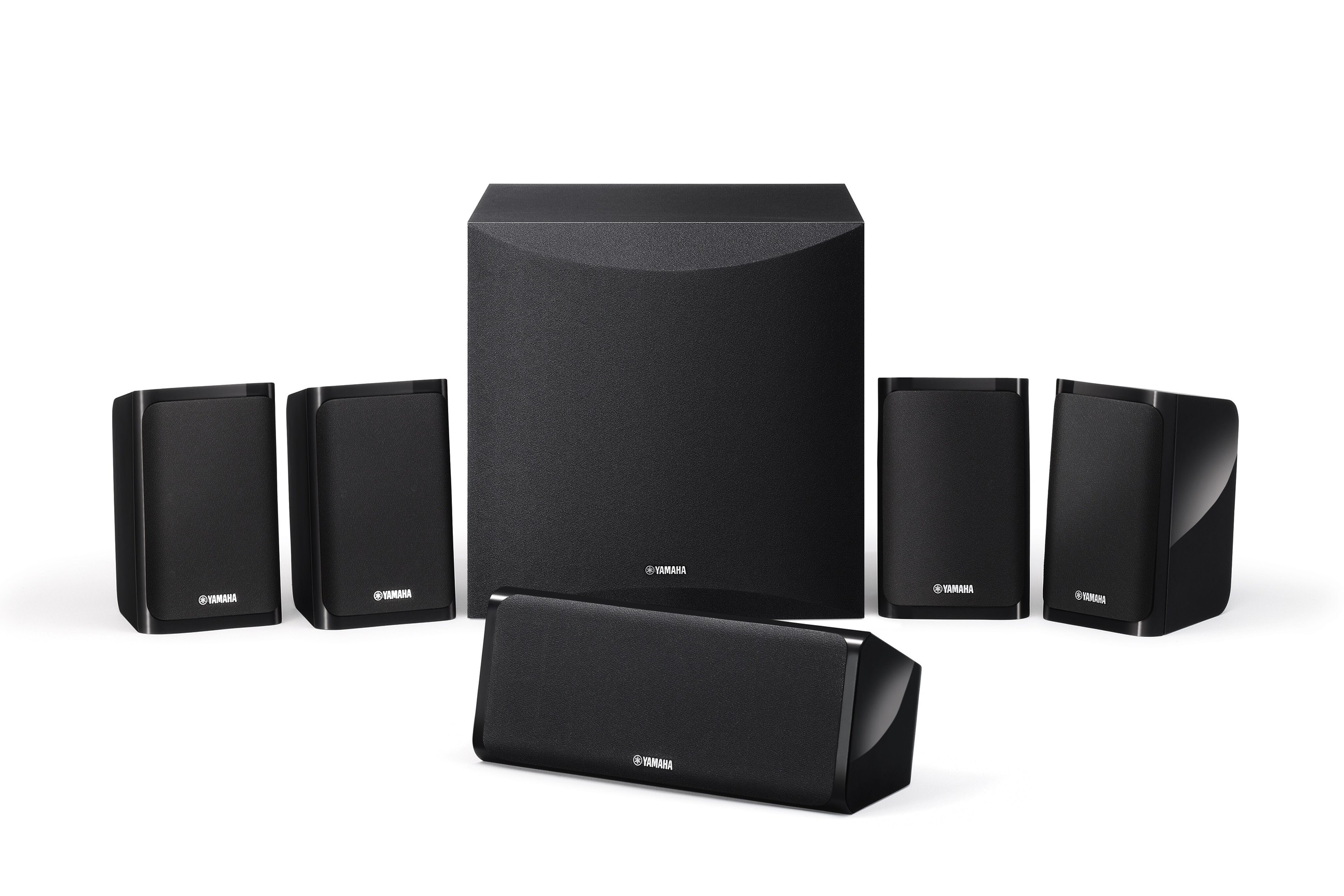 The six black elements of the NS-P41 package on a white background, subwoofer in the centre