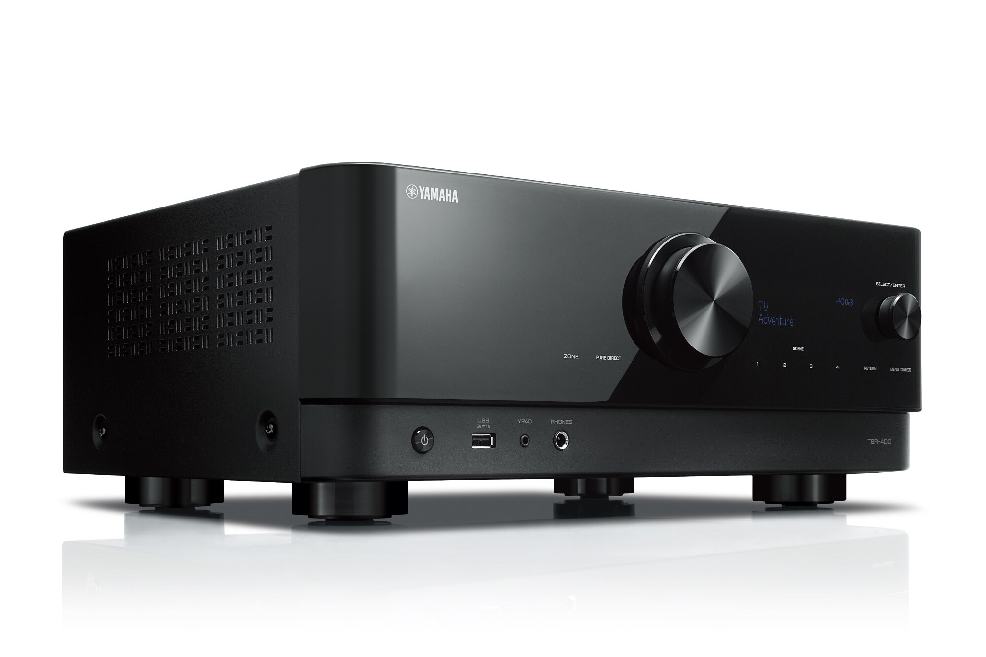Black AV receiver seen at three quarters, large volume knob and display