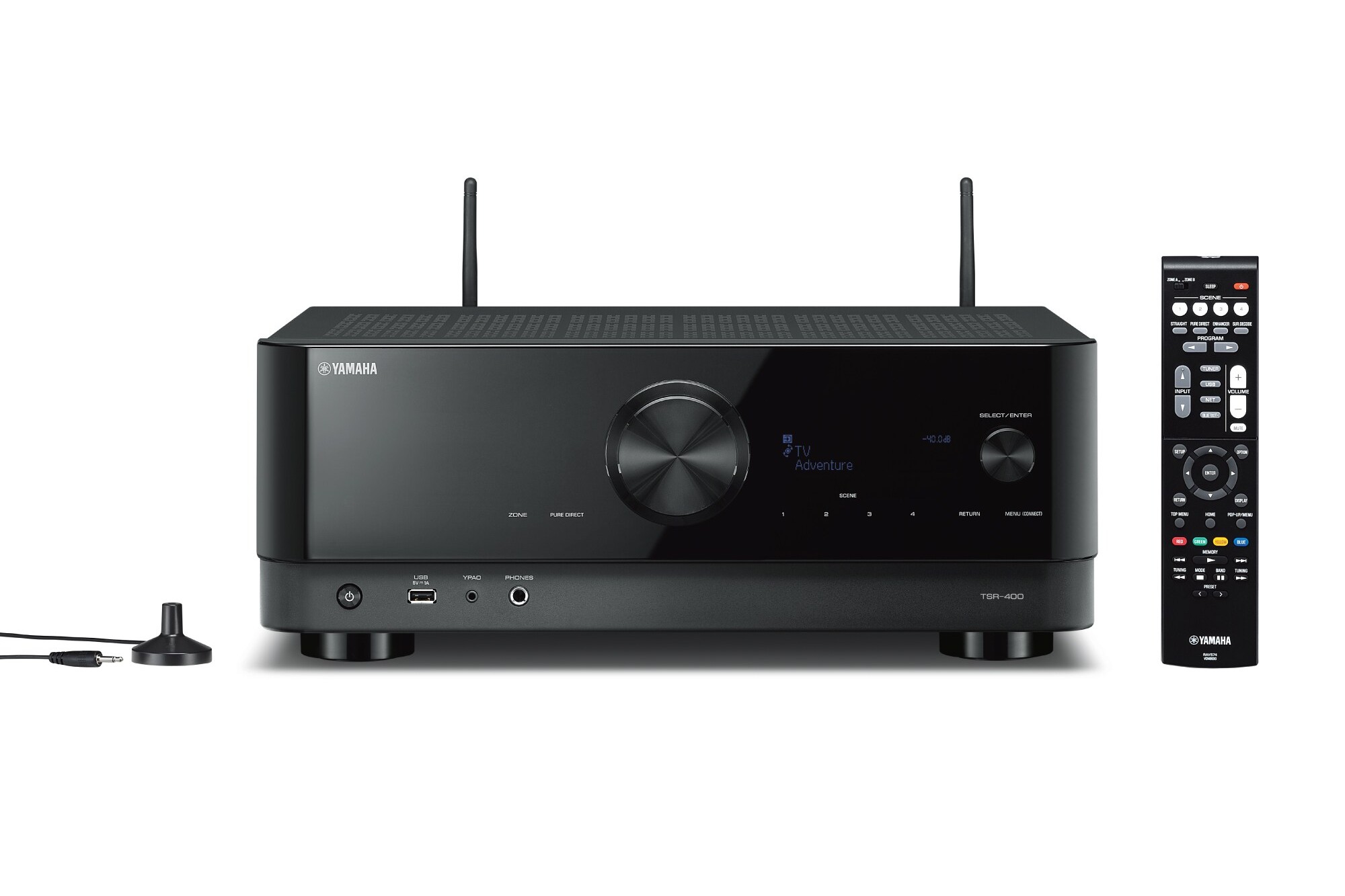 Receiver seen from the front with antennas raised, remote control and measurement microphone
