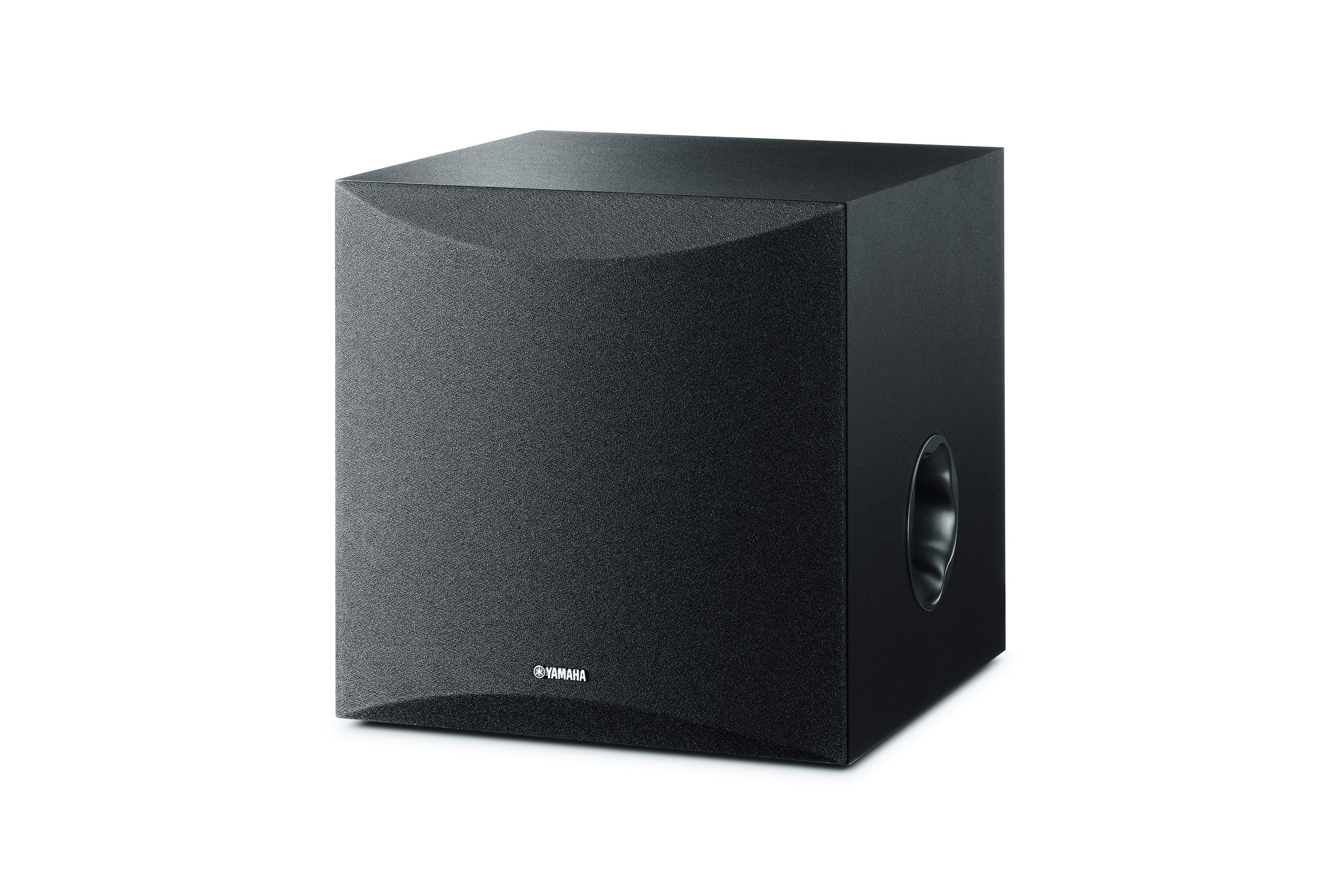 The same subwoofer at three quarters on a white background, grille fitted