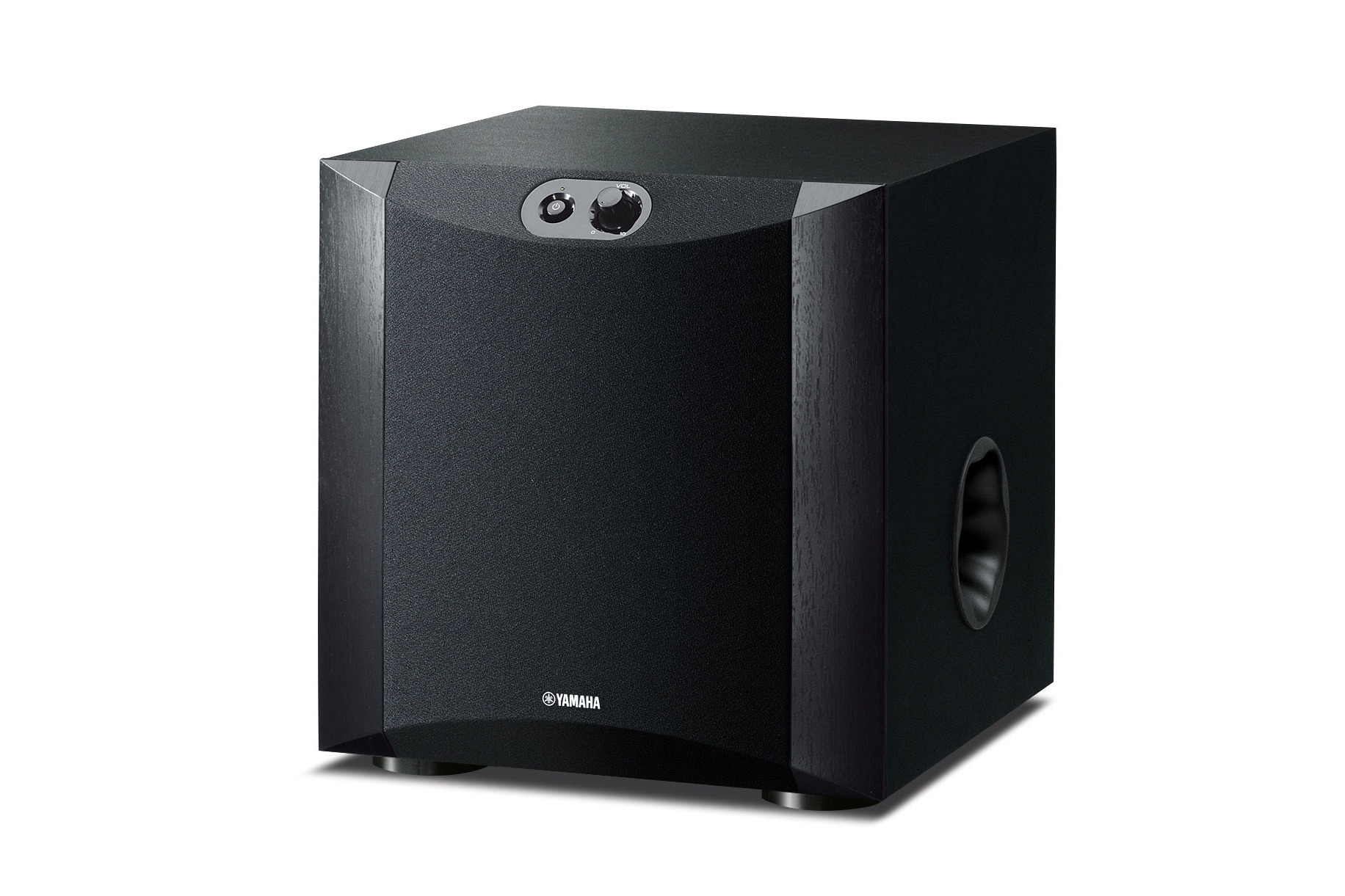 The same subwoofer at three quarters on a white background, grille fitted
