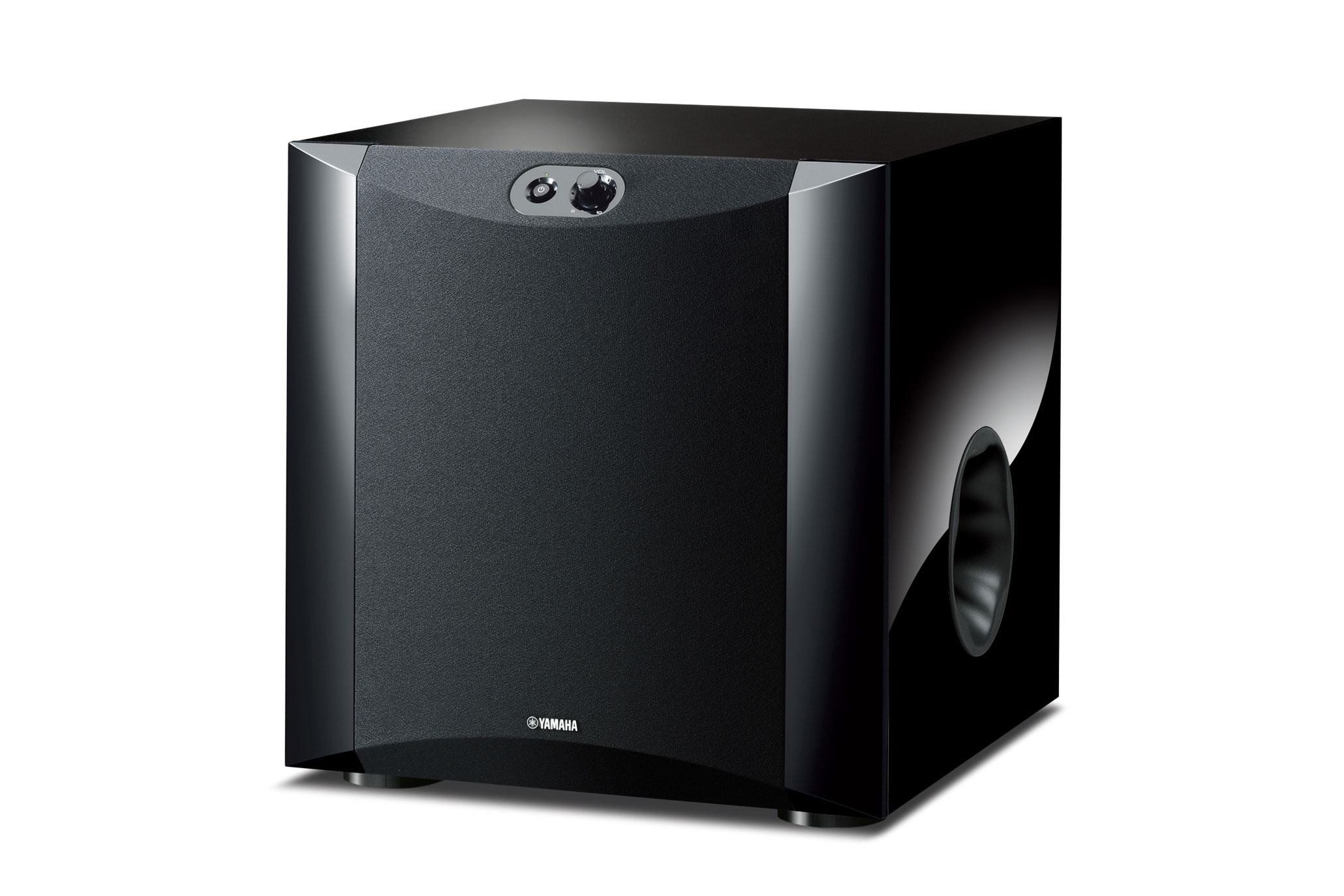 The same subwoofer at three quarters on a white background, grille fitted