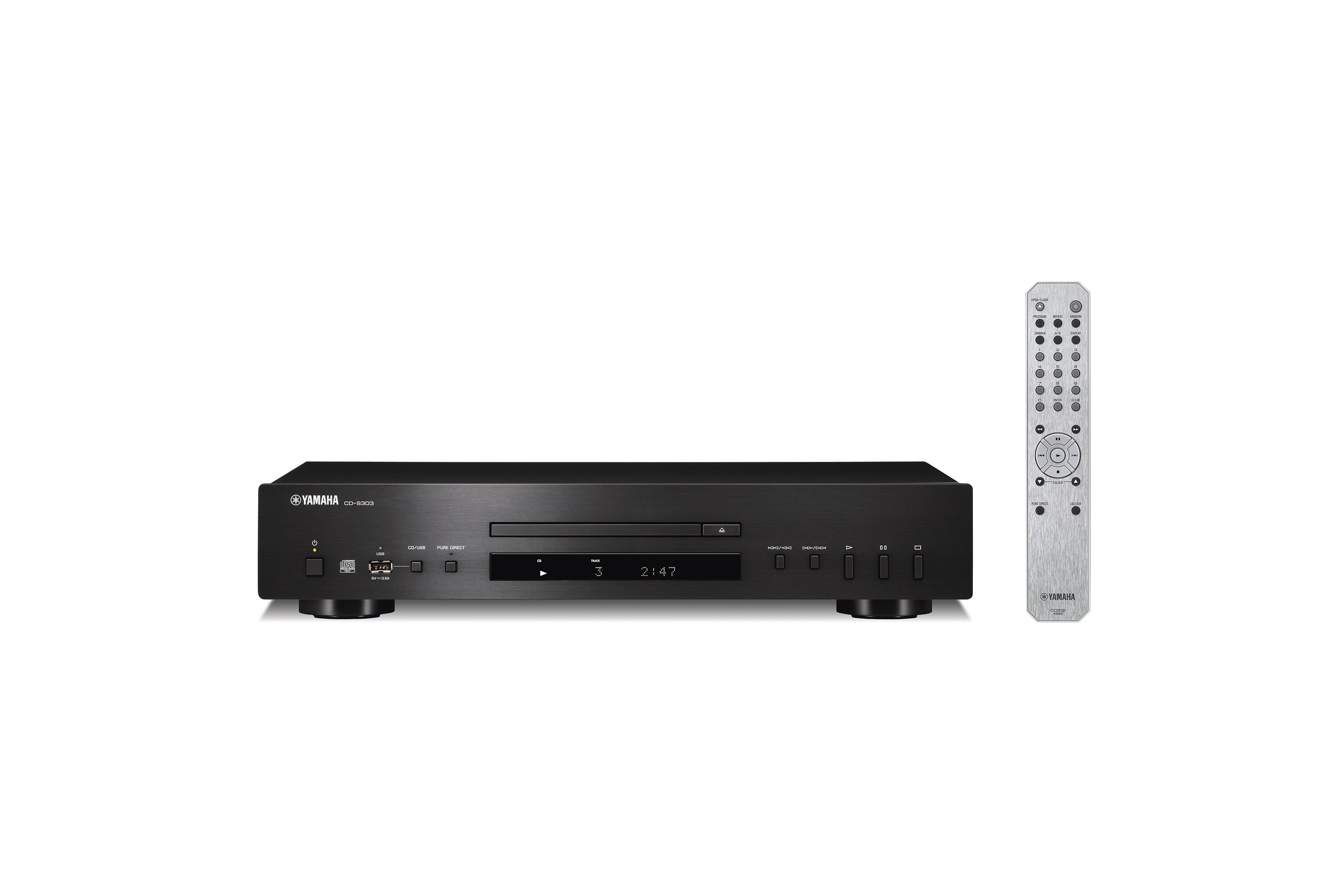 Schwarzer CD-Player von vorn mit seiner silbernen Fernbedienung