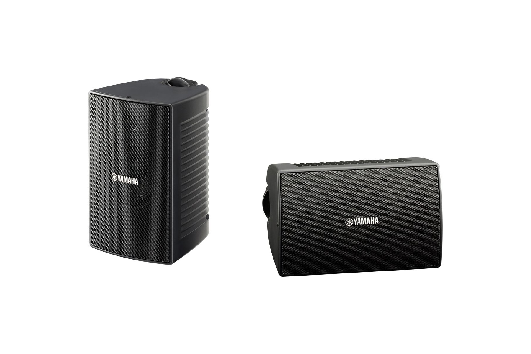 Pair of black outdoor speakers, one at three quarters and one front on