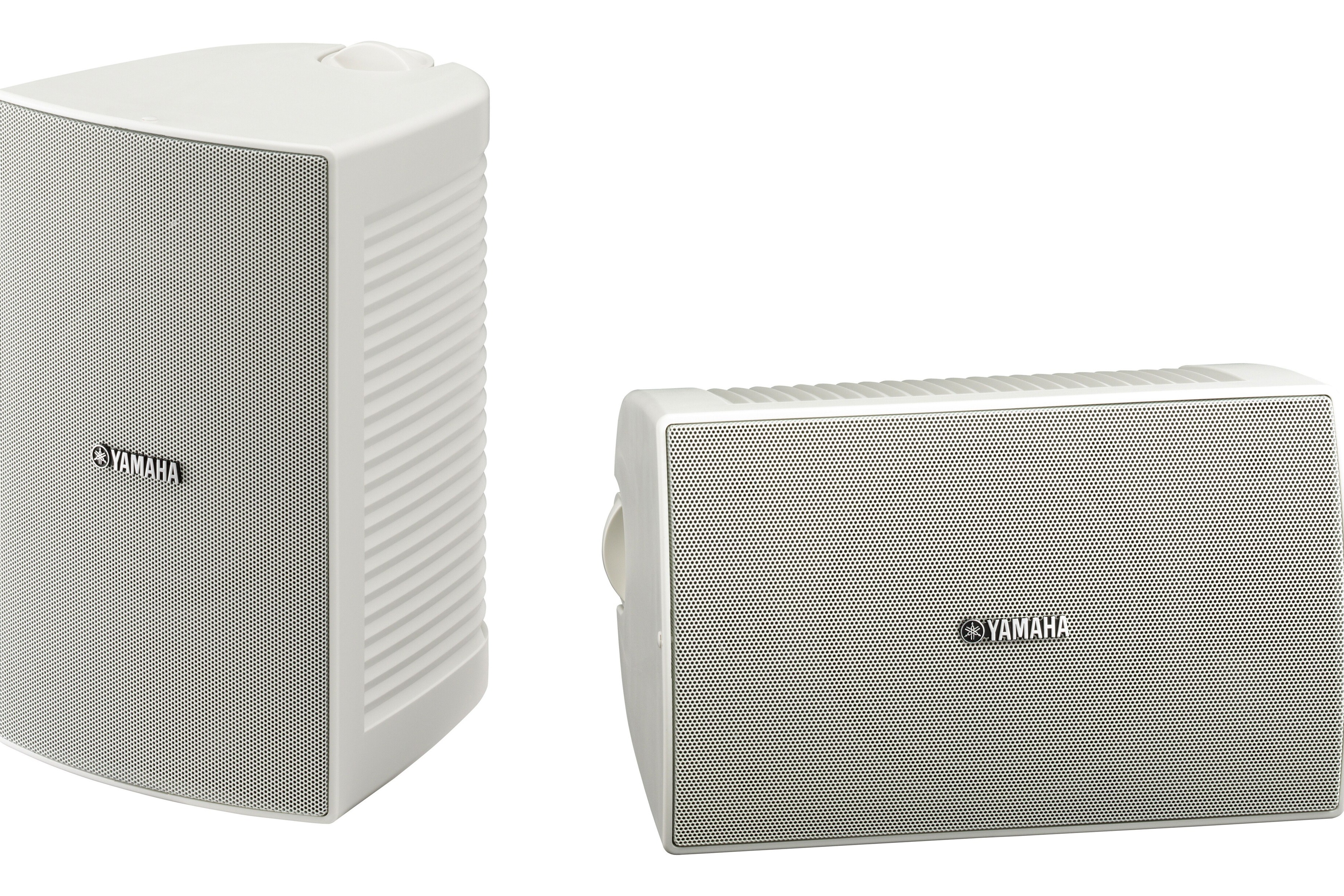 Pair of white outdoor speakers, one at three quarters and one front on