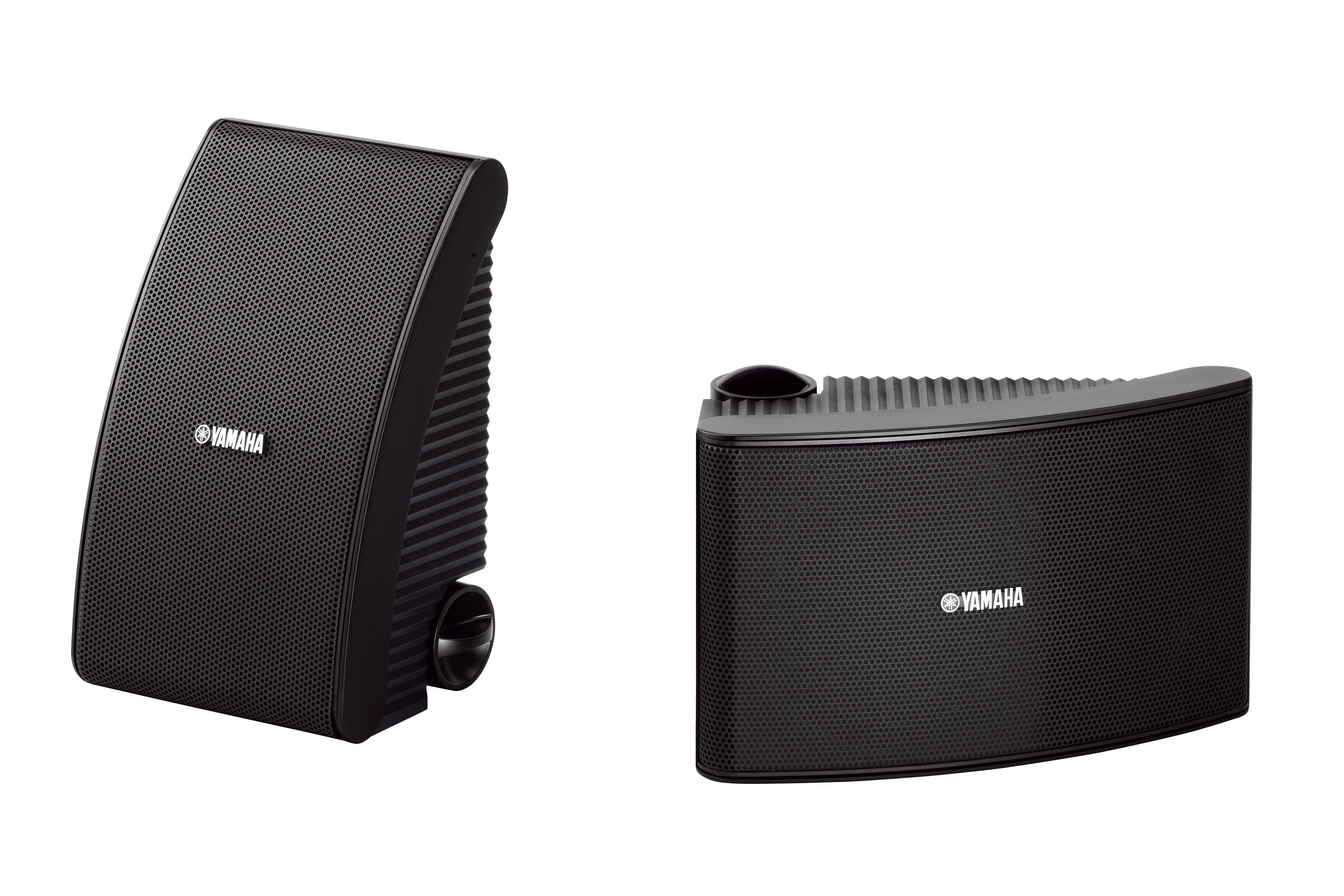 Pair of black outdoor speakers, one at three quarters and one front on
