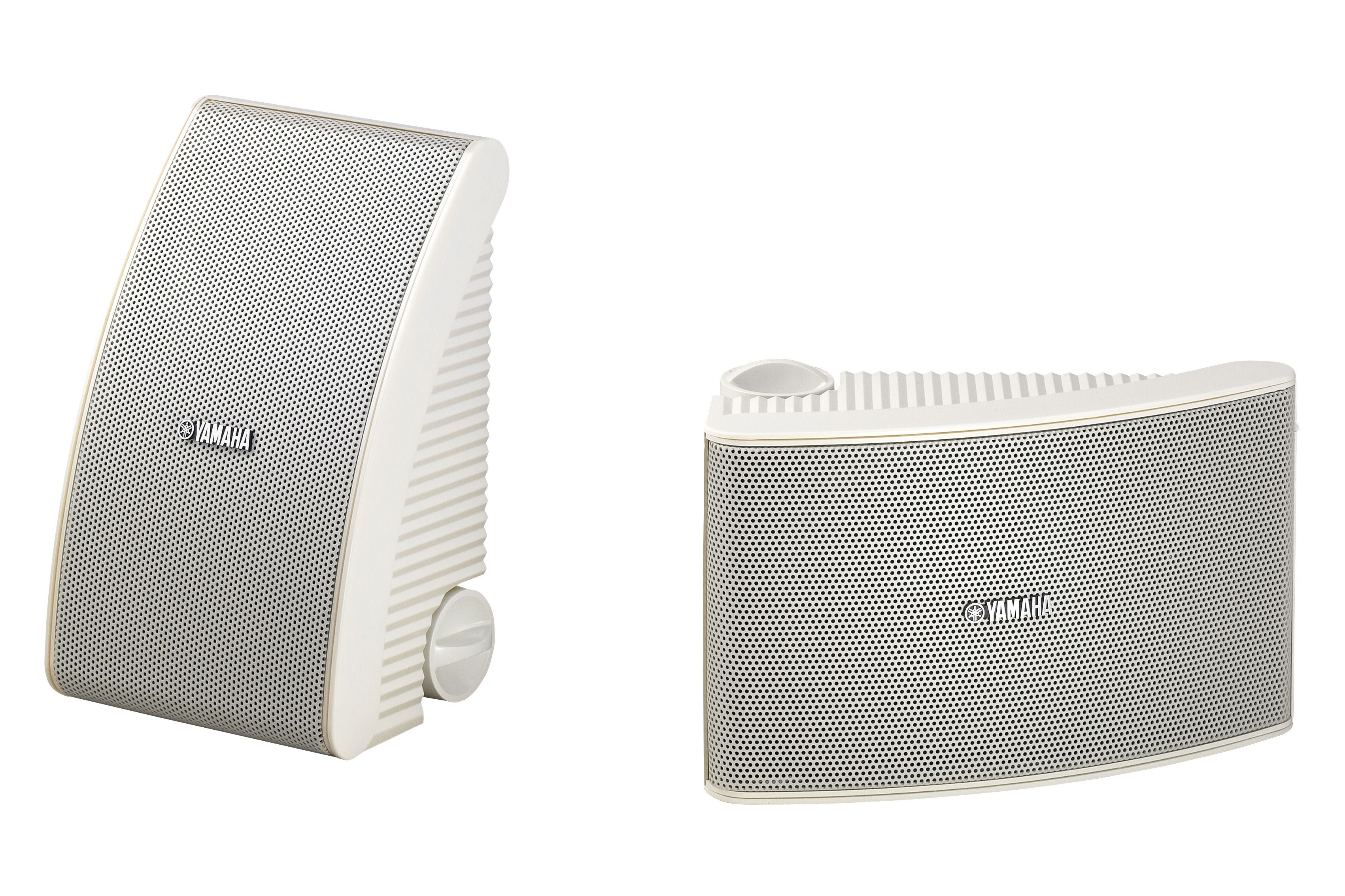 Pair of white outdoor speakers, one at three quarters and one front on