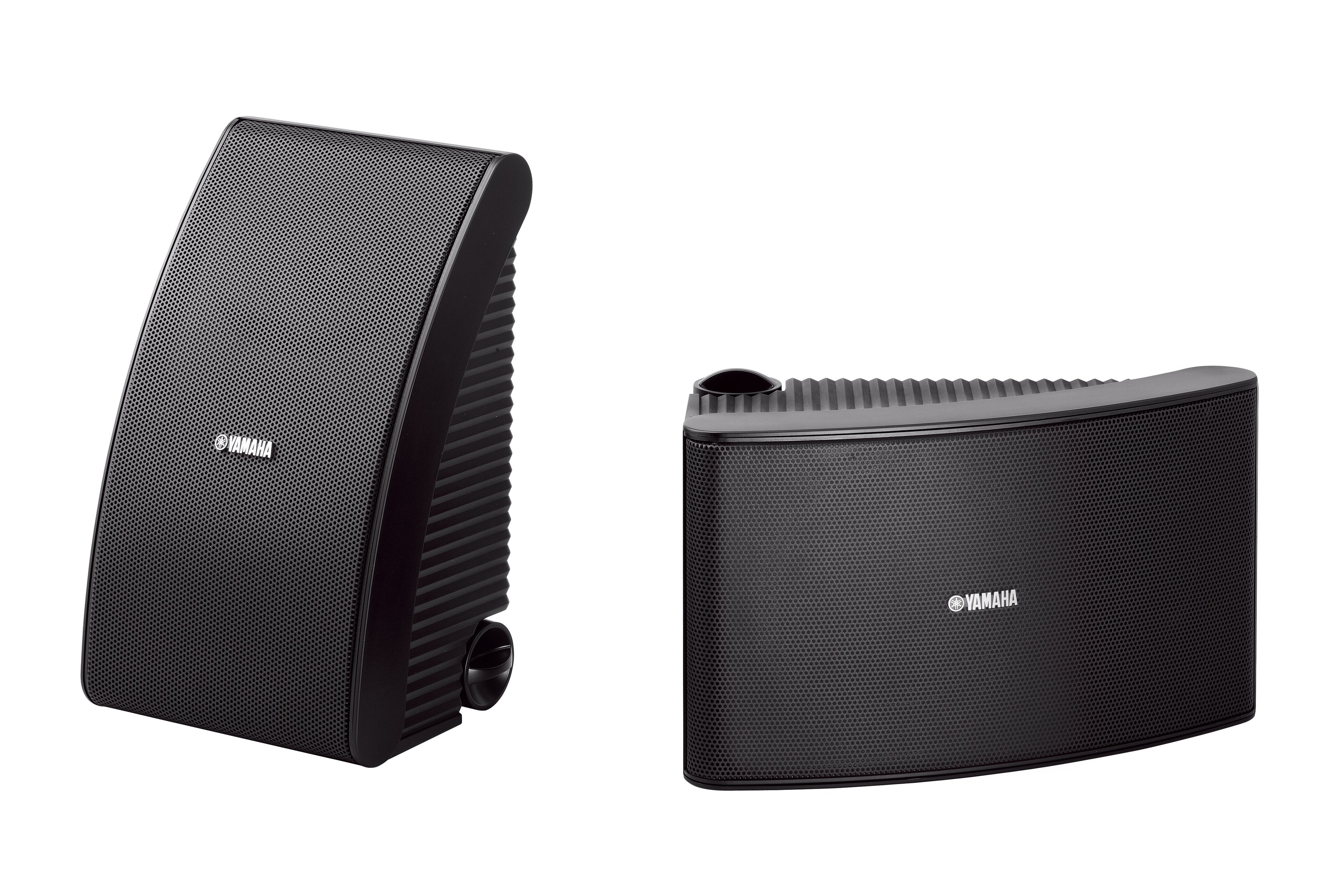 Pair of black outdoor speakers, one at three quarters and one front on
