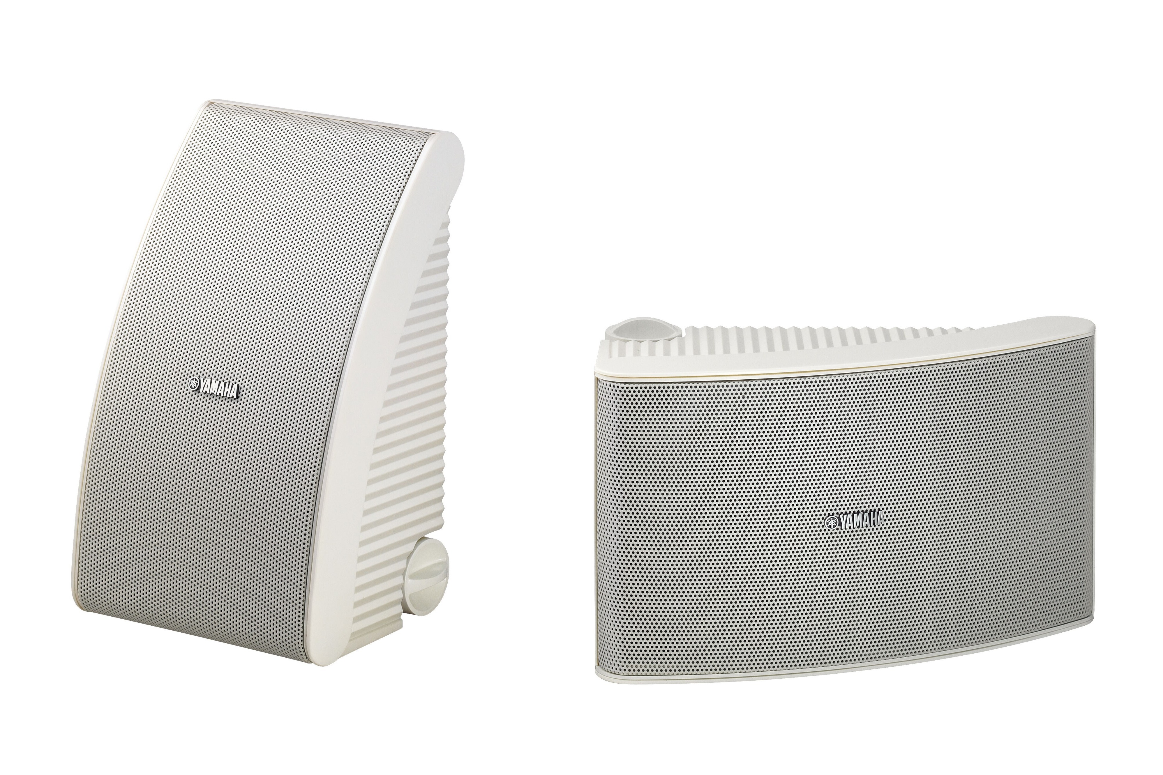 Pair of white outdoor speakers, one at three quarters and one front on