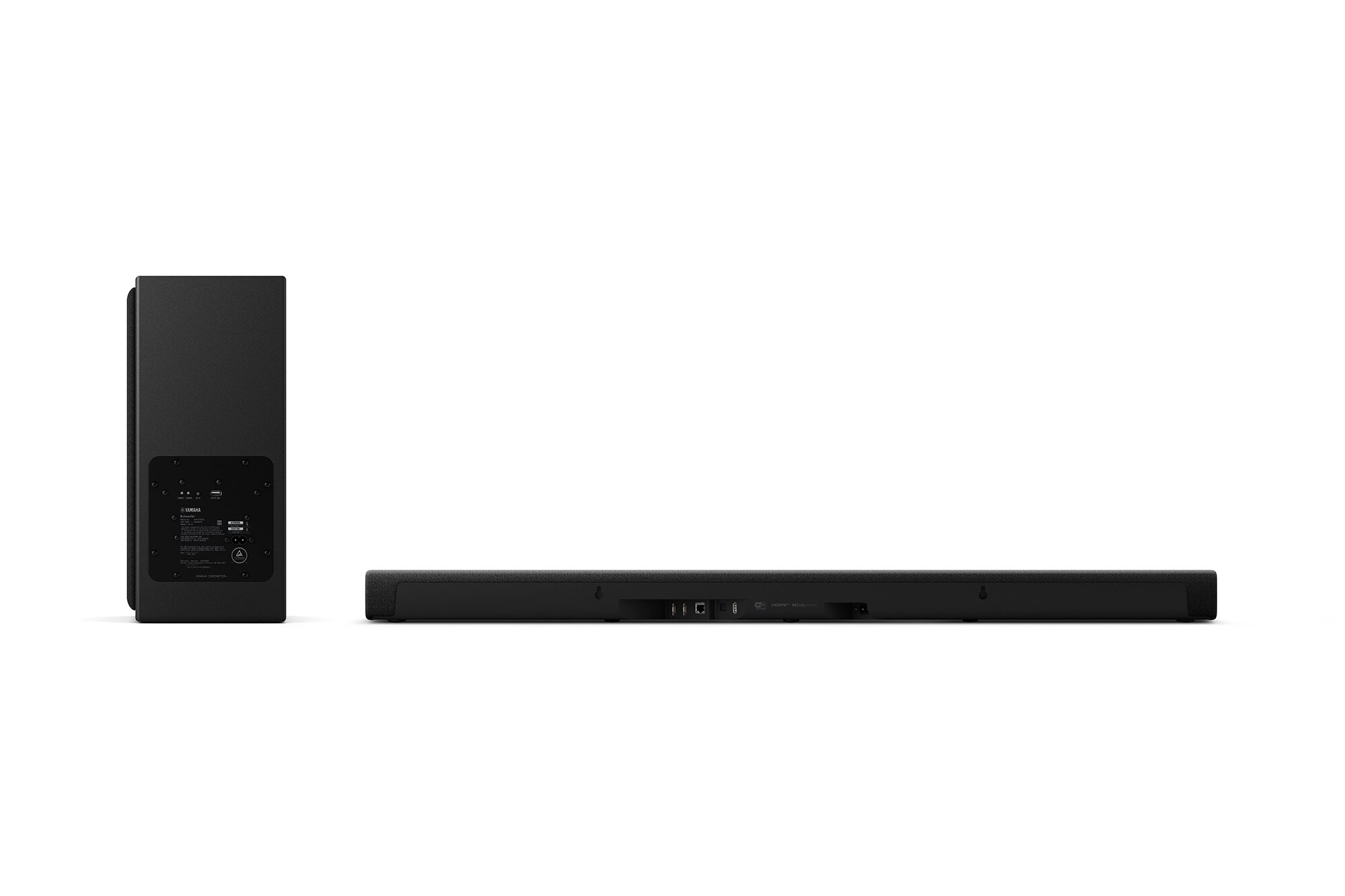 Rear of the bar and of the subwoofer, connections in view