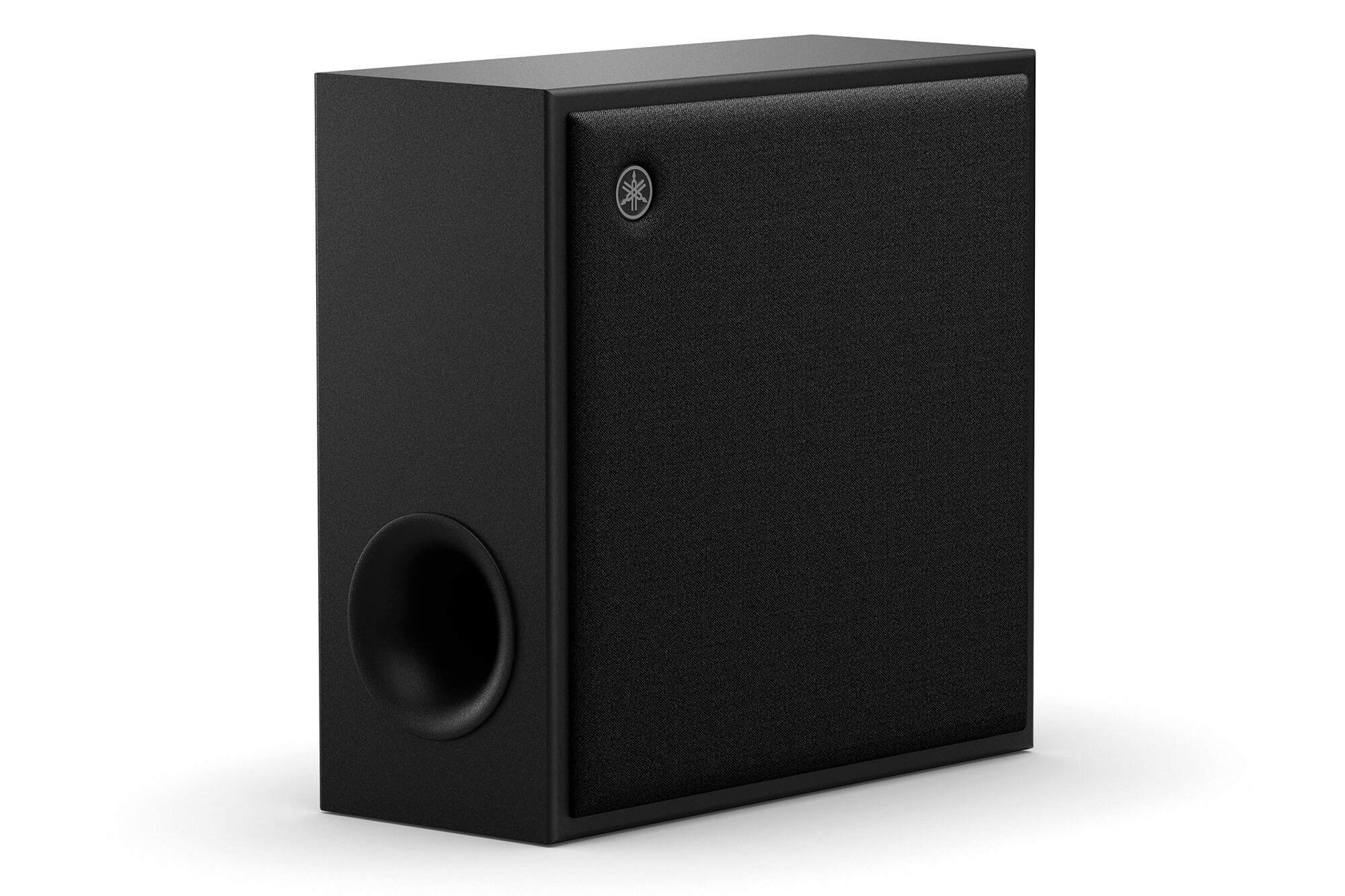 Caisson de basses Yamaha TRUE X SUB 100A vu de trois quarts, habillage textile noir