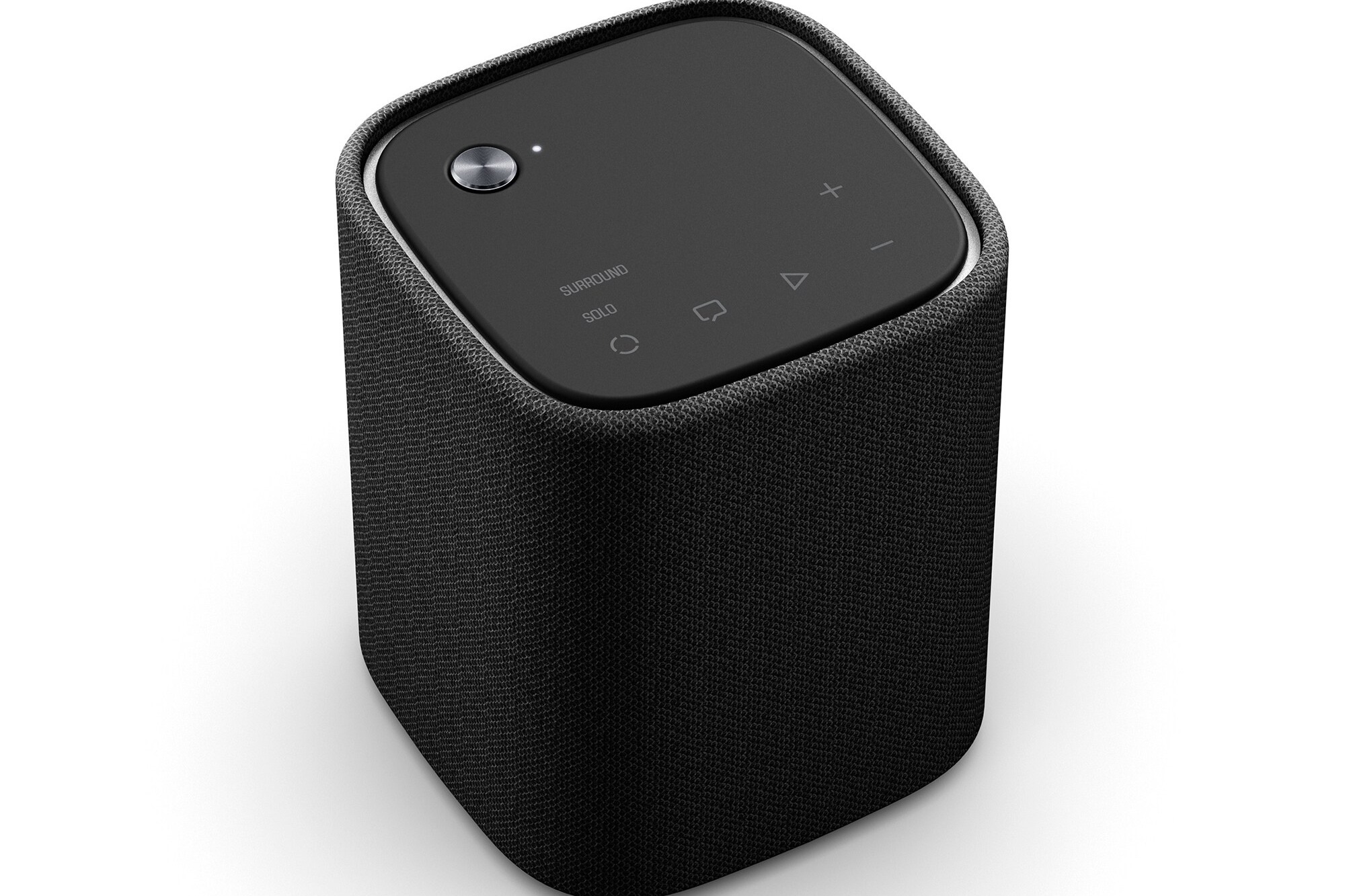 Yamaha TRUE X-Speaker 1A tragbarer Lautsprecher in Dreiviertelansicht, schwarzer Stoff und Touch-Oberseite