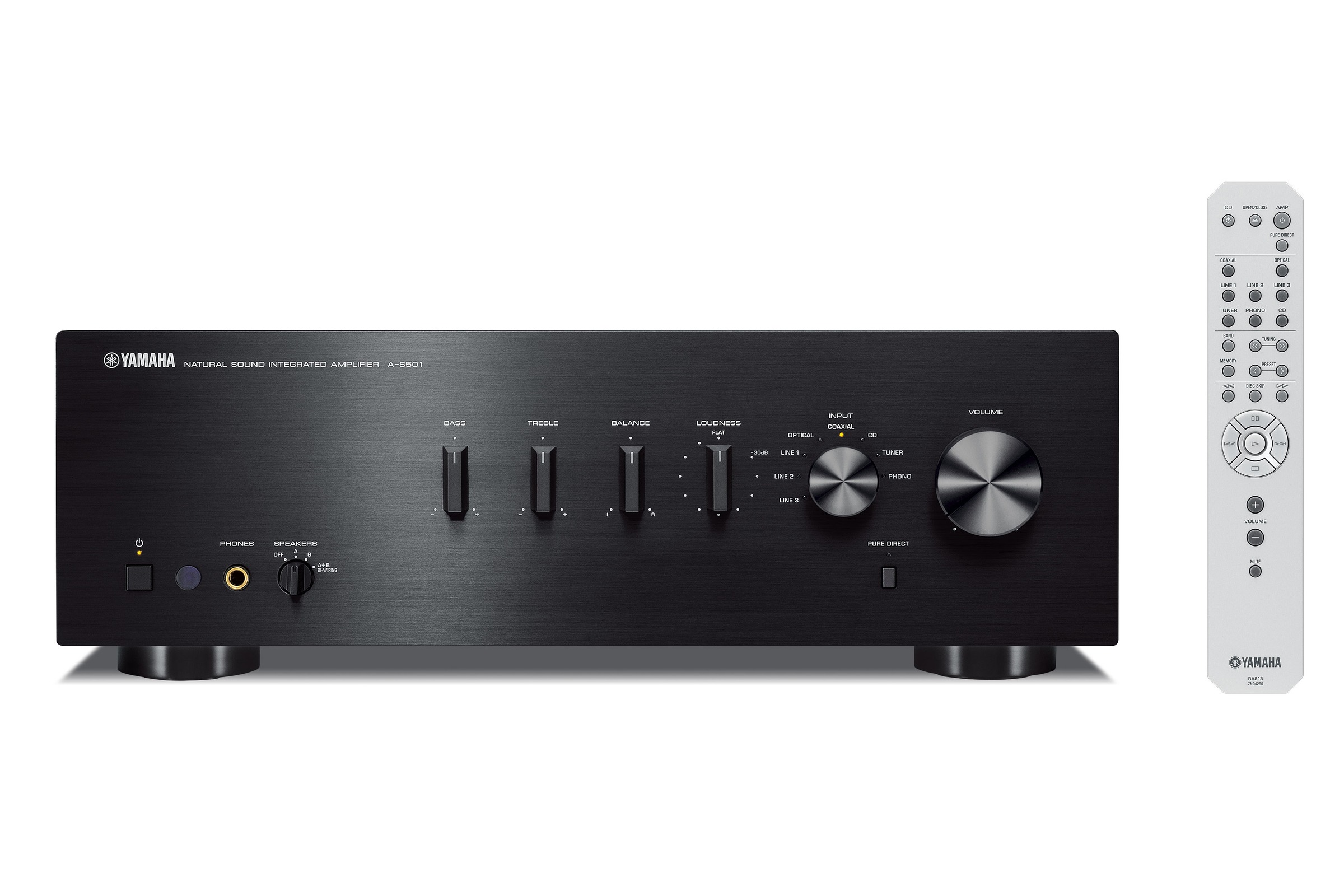 Amplificateur intégré noir vu de face, télécommande posée à droite