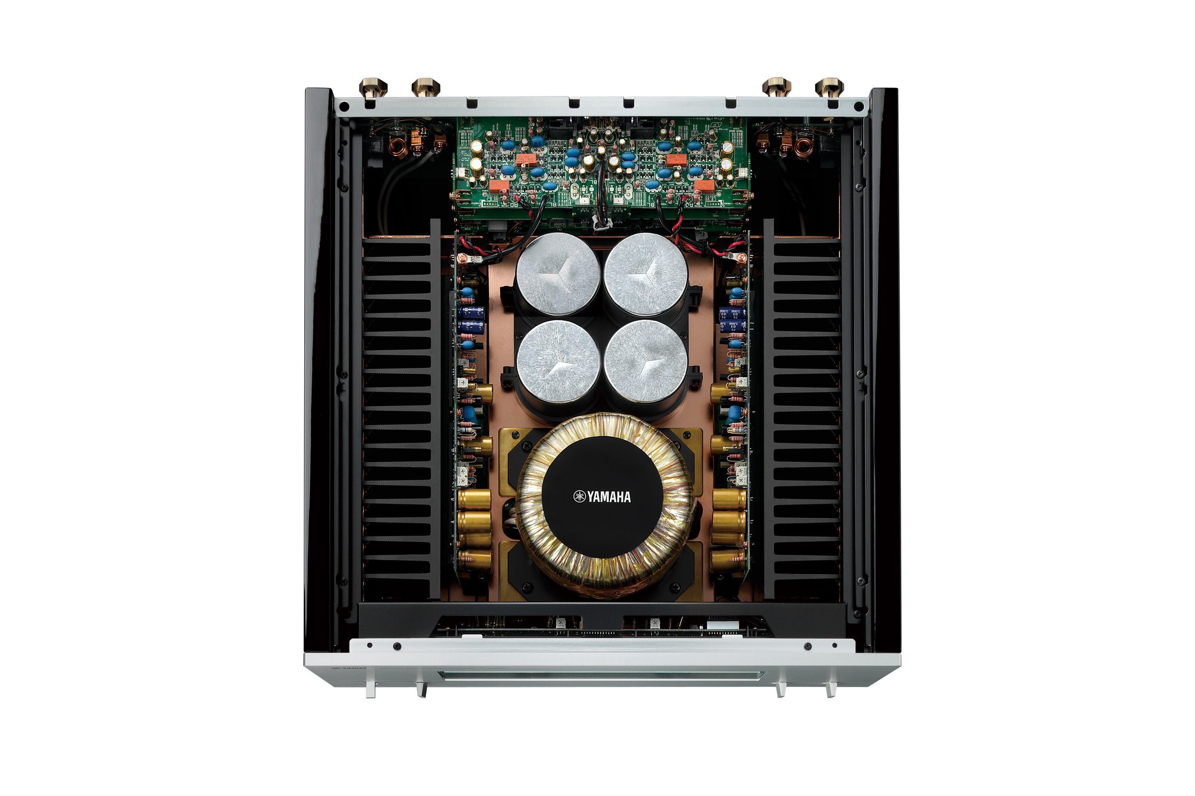 Inside view of the chassis, transformer, capacitors and boards