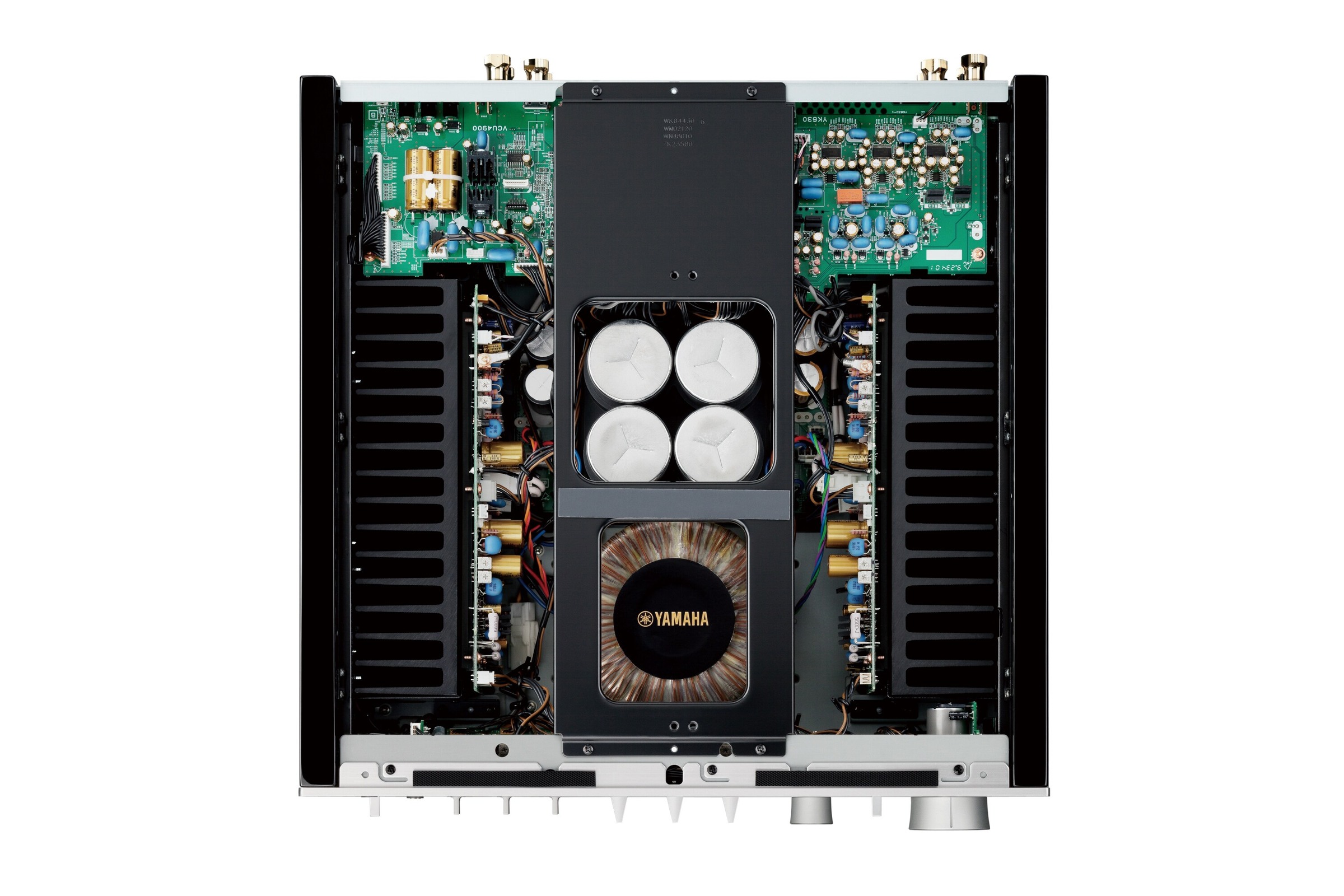 Inside view of the chassis, transformer, capacitors and boards
