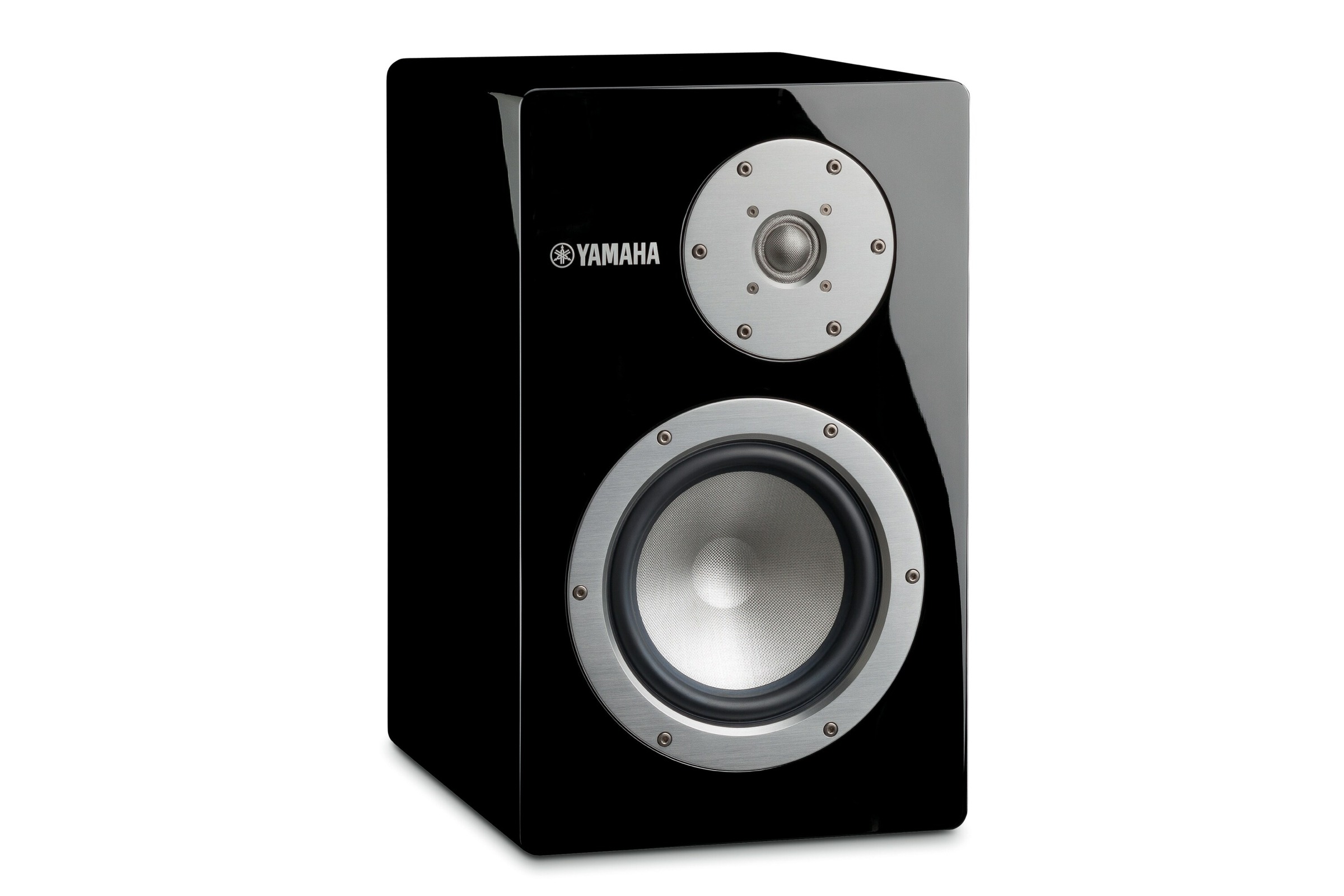 One speaker at three quarters, black lacquer and drivers visible