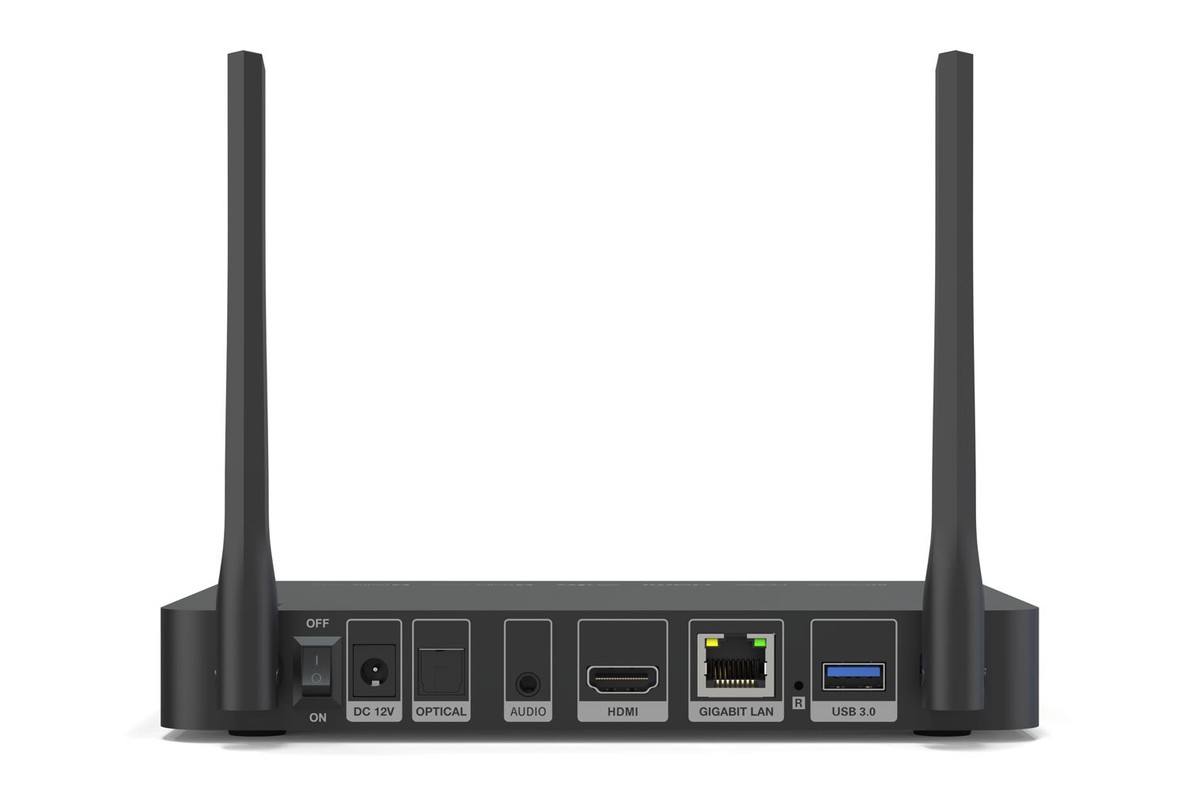 Pannello posteriore con interruttore, ingresso 12 V, uscite ottica e audio, HDMI, Ethernet e USB 3.0